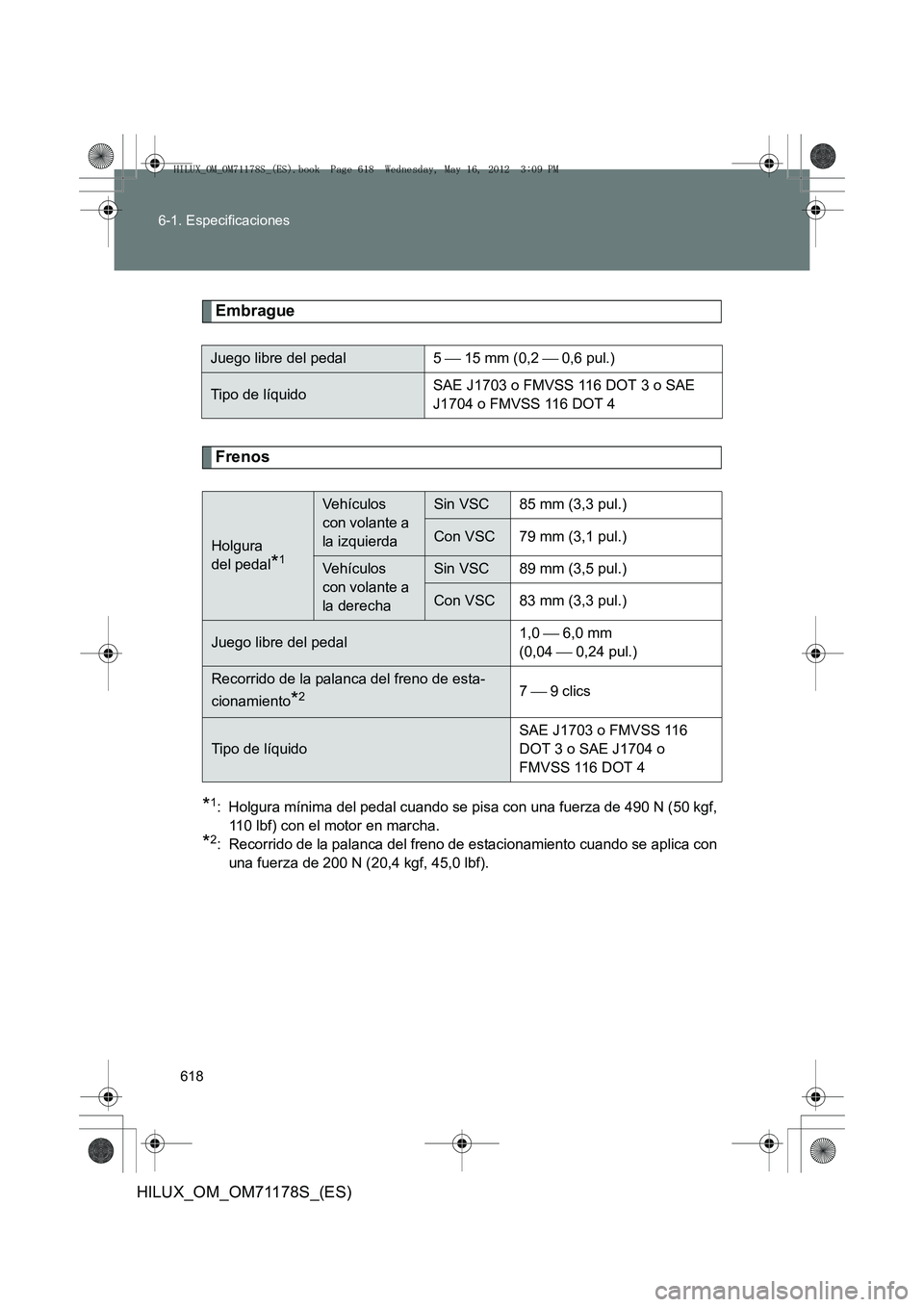 TOYOTA HILUX 2012 Manual del propietario (in Spanish) 618
6-1. Especificaciones
HILUX_OM_OM71178S_(ES)
Embrague
Frenos
*1: Holgura mínima del pedal cuando se pisa con una fuerza de 490 N (50 kgf,
110 lbf) con el motor en marcha.
*2: Recorrido de la pala TOYOTA HILUX 2012 Manual del propietario (in Spanish) 618
6-1. Especificaciones
HILUX_OM_OM71178S_(ES)
Embrague
Frenos
*1: Holgura mínima del pedal cuando se pisa con una fuerza de 490 N (50 kgf,
110 lbf) con el motor en marcha.
*2: Recorrido de la pala