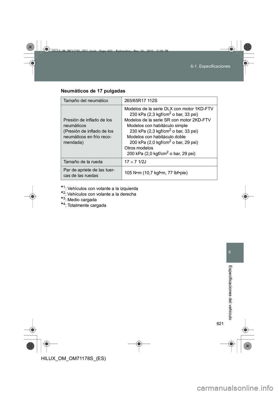 TOYOTA HILUX 2012 Manual del propietario (in Spanish) 621
6-1. Especificaciones
6
Especificaciones del vehículo
HILUX_OM_OM71178S_(ES)
Neumáticos de 17 pulgadas
*1: Vehículos con volante a la izquierda
*2: Vehículos con volante a la derecha
*3: Med TOYOTA HILUX 2012 Manual del propietario (in Spanish) 621
6-1. Especificaciones
6
Especificaciones del vehículo
HILUX_OM_OM71178S_(ES)
Neumáticos de 17 pulgadas
*1: Vehículos con volante a la izquierda
*2: Vehículos con volante a la derecha
*3: Med
