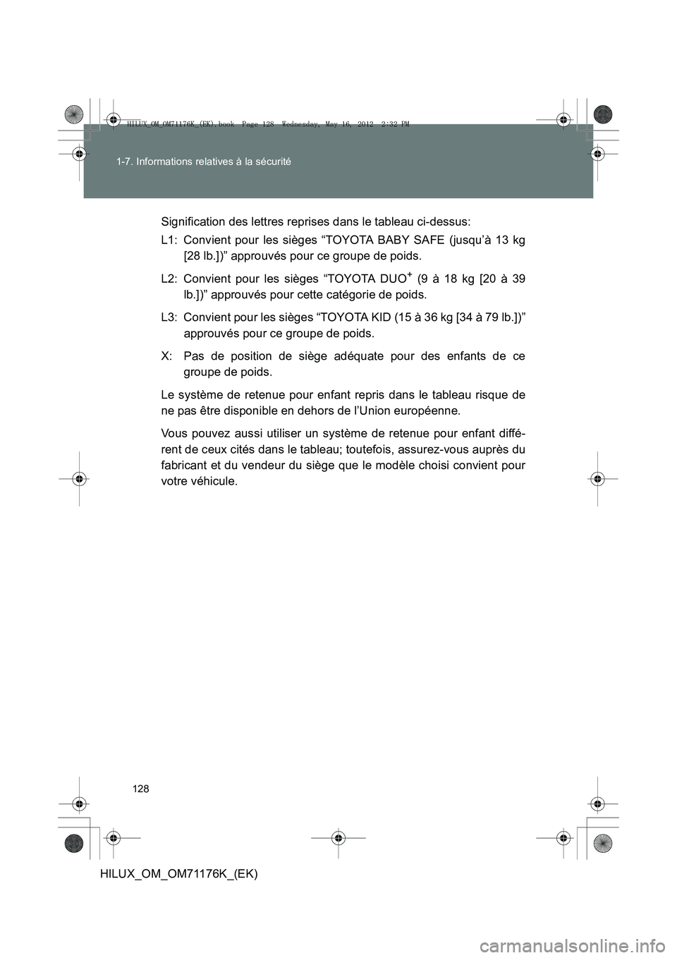 TOYOTA HILUX 2012 Manuel du propriétaire (in French) 128
1-7. Informations relatives à la sécurité
HILUX_OM_OM71176K_(EK)
Signification des lettres reprises dans le tableau ci-dessus:
L1: Convient pour les sièges “TOYOTA BABY SAFE (jusqu’à 13 k TOYOTA HILUX 2012 Manuel du propriétaire (in French) 128
1-7. Informations relatives à la sécurité
HILUX_OM_OM71176K_(EK)
Signification des lettres reprises dans le tableau ci-dessus:
L1: Convient pour les sièges “TOYOTA BABY SAFE (jusqu’à 13 k
