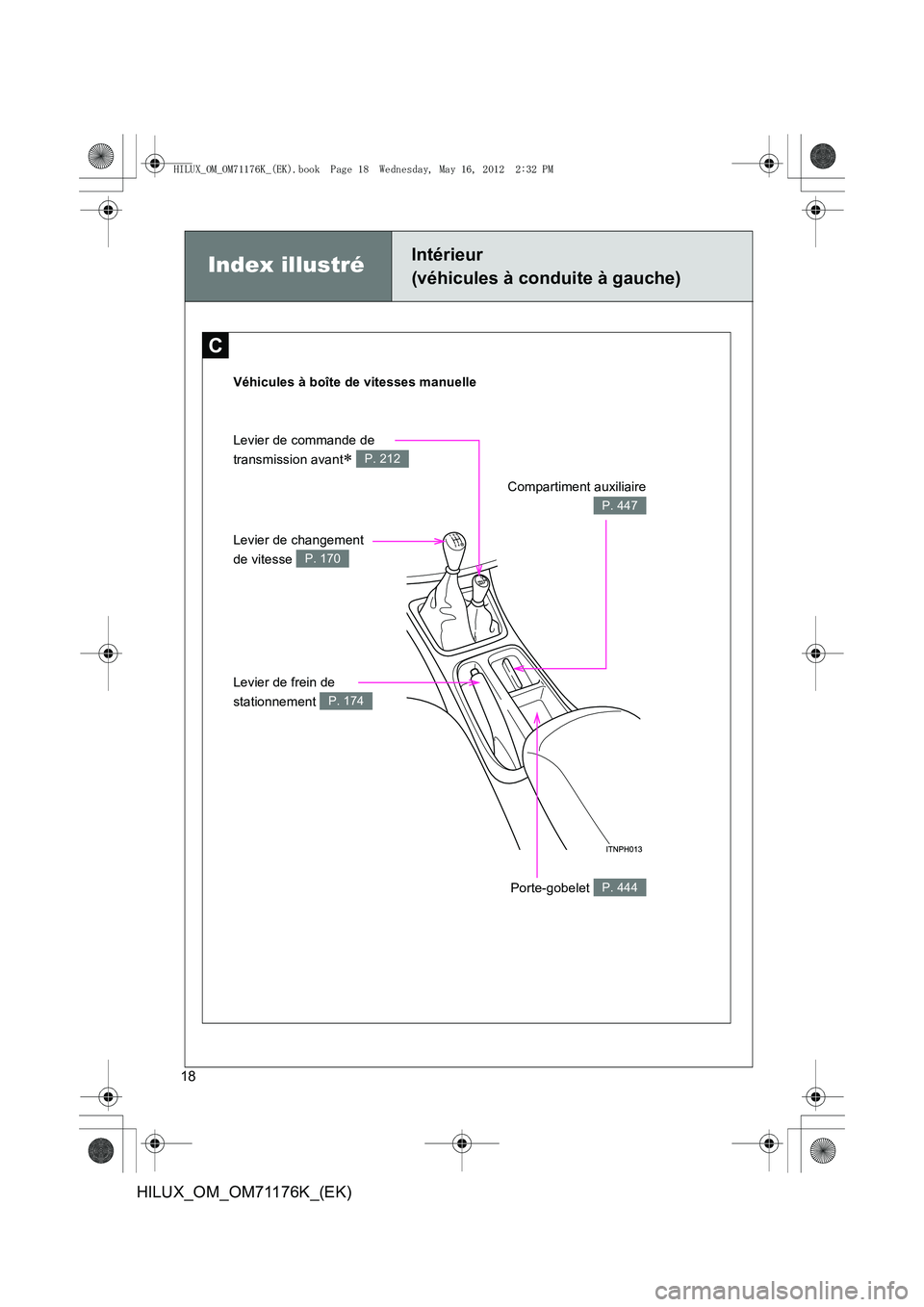 TOYOTA HILUX 2012  Manuel du propriétaire (in French) 18
HILUX_OM_OM71176K_(EK)
Index illustréIntérieur 
(véhicules à conduite à gauche)
C
Véhicules à boîte de vitesses manuelle
Compartiment auxiliaire
P. 447
Levier de frein de 
stationnement 
P.