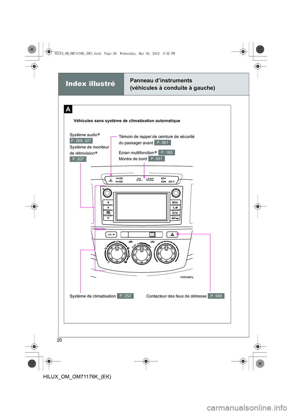 TOYOTA HILUX 2012  Manuel du propriétaire (in French) 20
HILUX_OM_OM71176K_(EK)
A
Index illustréPanneau d’instruments 
(véhicules à conduite à gauche)
Véhicules sans système de climatisation automatiqueContacteur des feux de détresse 
P. 548Syst