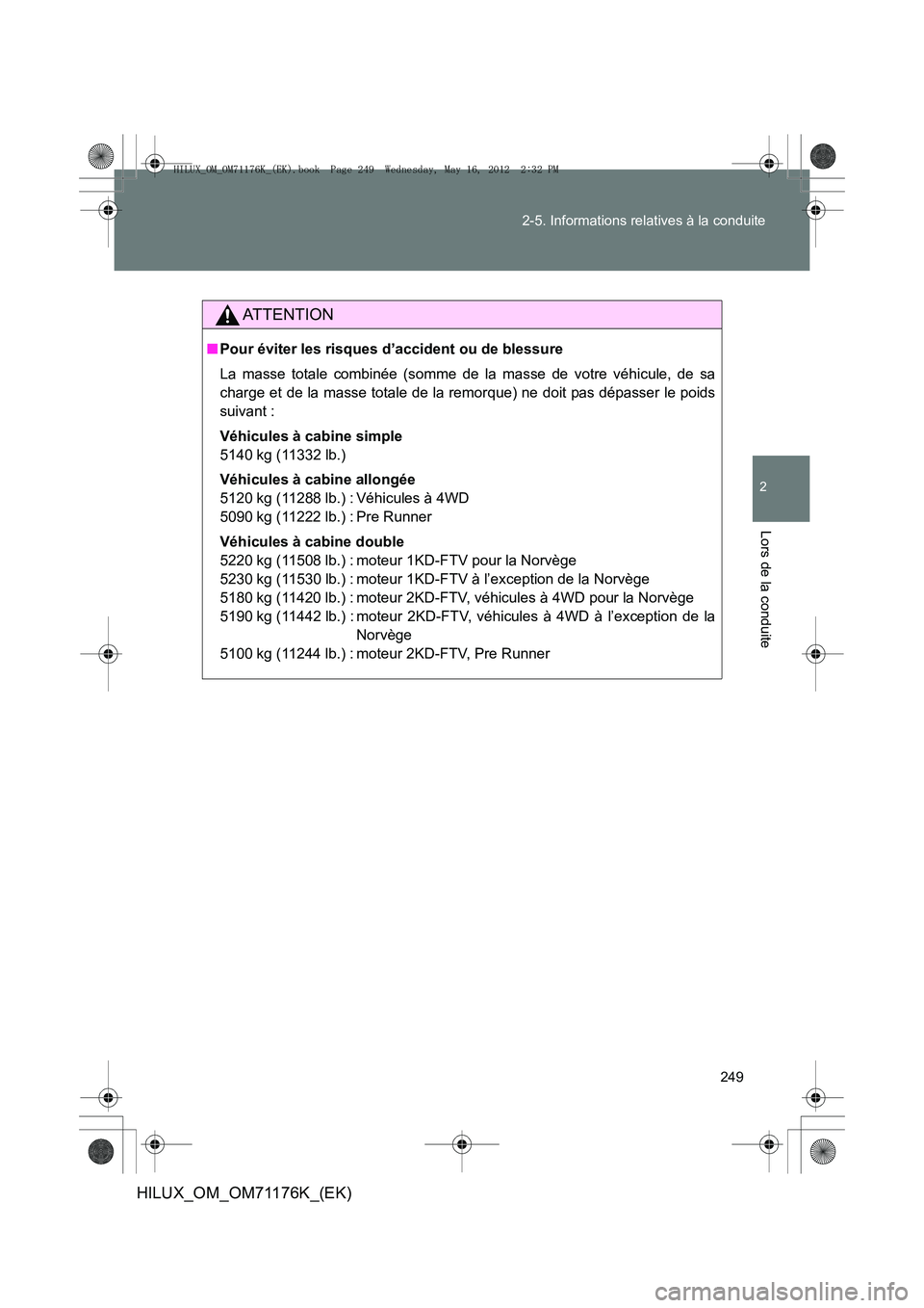 TOYOTA HILUX 2012 Manuel du propriétaire (in French) 249
2-5. Informations relatives à la conduite
2
Lors de la conduite
HILUX_OM_OM71176K_(EK)
AT T E N T I O N
■
Pour éviter les risques d’accident ou de blessure
La masse totale combinée (somme d TOYOTA HILUX 2012 Manuel du propriétaire (in French) 249
2-5. Informations relatives à la conduite
2
Lors de la conduite
HILUX_OM_OM71176K_(EK)
AT T E N T I O N
■
Pour éviter les risques d’accident ou de blessure
La masse totale combinée (somme d