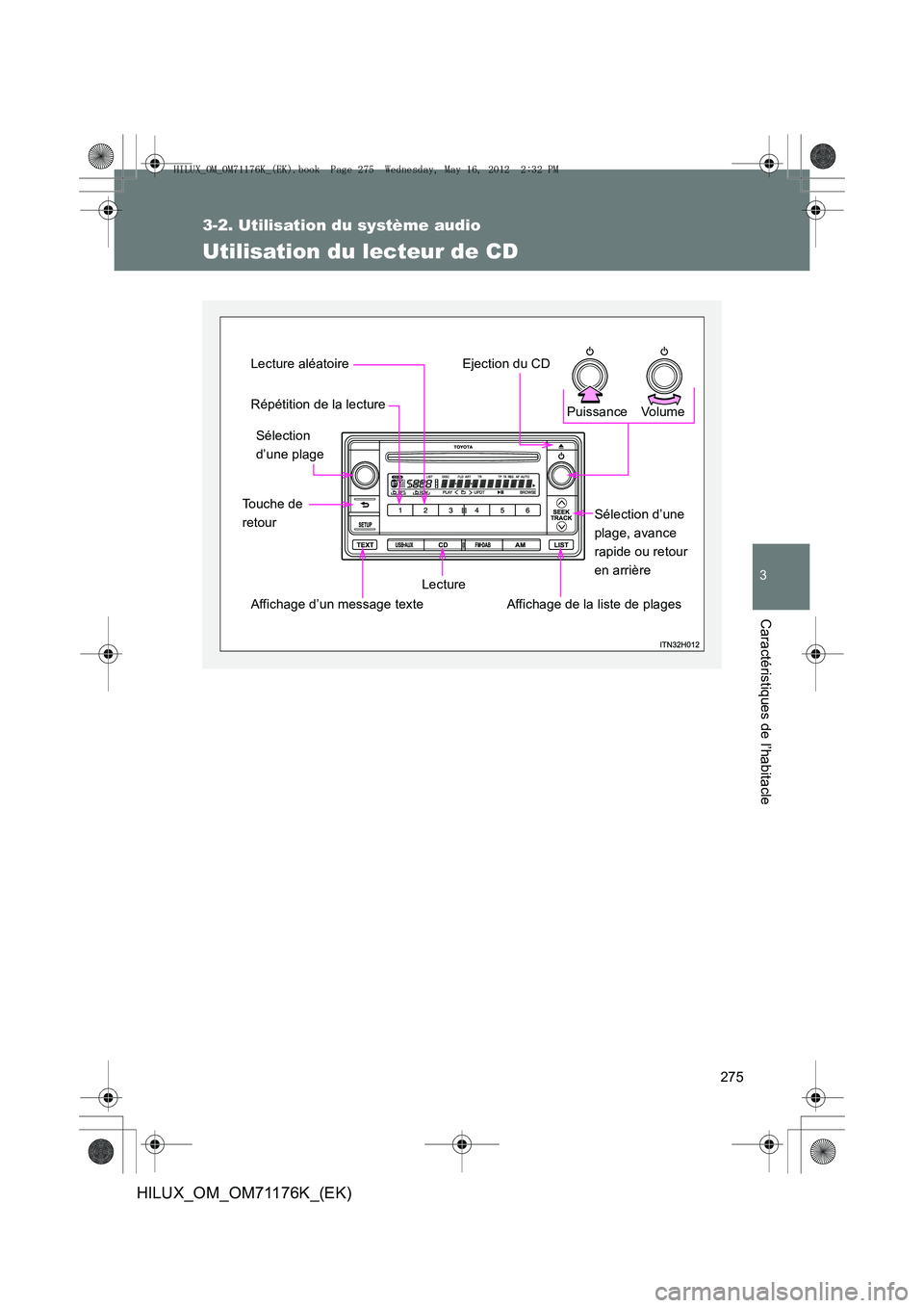 TOYOTA HILUX 2012 Manuel du propriétaire (in French) 275
3-2. Utilisation du système audio
3
Caractéristiques de l’habitacle
HILUX_OM_OM71176K_(EK)
Utilisation du lecteur de CD
Vo l u m e
Puissance
Affichage de la liste de plages Sélection d’une TOYOTA HILUX 2012 Manuel du propriétaire (in French) 275
3-2. Utilisation du système audio
3
Caractéristiques de l’habitacle
HILUX_OM_OM71176K_(EK)
Utilisation du lecteur de CD
Vo l u m e
Puissance
Affichage de la liste de plages Sélection d’une