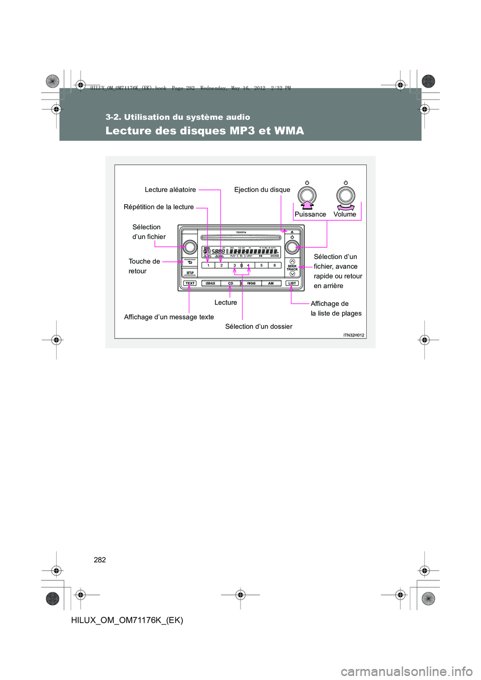 TOYOTA HILUX 2012 Manuel du propriétaire (in French) 282
3-2. Utilisation du système audio
HILUX_OM_OM71176K_(EK)
Lecture des disques MP3 et WMA
Vo lu m e
Puissance
Affichage de
la liste de plagesLecture
Affichage d’un message texte
Touche de
retou TOYOTA HILUX 2012 Manuel du propriétaire (in French) 282
3-2. Utilisation du système audio
HILUX_OM_OM71176K_(EK)
Lecture des disques MP3 et WMA
Vo lu m e
Puissance
Affichage de
la liste de plagesLecture
Affichage d’un message texte
Touche de
retou