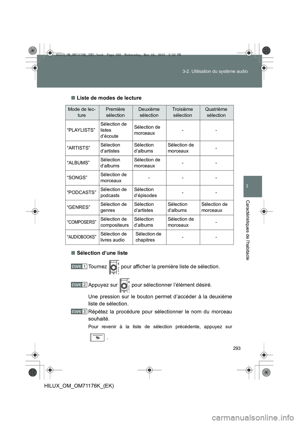 TOYOTA HILUX 2012 Manuel du propriétaire (in French) 293
3-2. Utilisation du système audio
3
Caractéristiques de l’habitacle
HILUX_OM_OM71176K_(EK)
■
Liste de modes de lecture
■ Sélection d’une liste
Tournez pour afficher la première liste TOYOTA HILUX 2012 Manuel du propriétaire (in French) 293
3-2. Utilisation du système audio
3
Caractéristiques de l’habitacle
HILUX_OM_OM71176K_(EK)
■
Liste de modes de lecture
■ Sélection d’une liste
Tournez pour afficher la première liste