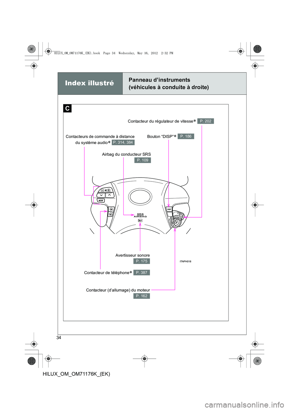 TOYOTA HILUX 2012  Manuel du propriétaire (in French) 34
HILUX_OM_OM71176K_(EK)
Index illustréPanneau d’instruments
(véhicules à conduite à droite)
C
Airbag du conducteur SRS
P. 109
Bouton “DISP”∗ P. 186Contacteurs de commande à distancedu s