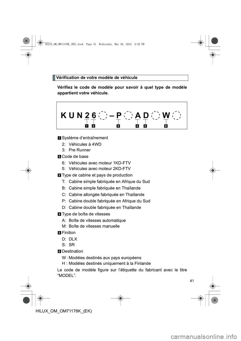 TOYOTA HILUX 2012 Manuel du propriétaire (in French) 41
HILUX_OM_OM71176K_(EK)
Vérification de votre modèle de véhiculeVérifiez le code de modèle pour savoir à quel type de modèle
appartient votre véhicule.
Système d’entraînement
2: Véhicul TOYOTA HILUX 2012 Manuel du propriétaire (in French) 41
HILUX_OM_OM71176K_(EK)
Vérification de votre modèle de véhiculeVérifiez le code de modèle pour savoir à quel type de modèle
appartient votre véhicule.
Système d’entraînement
2: Véhicul