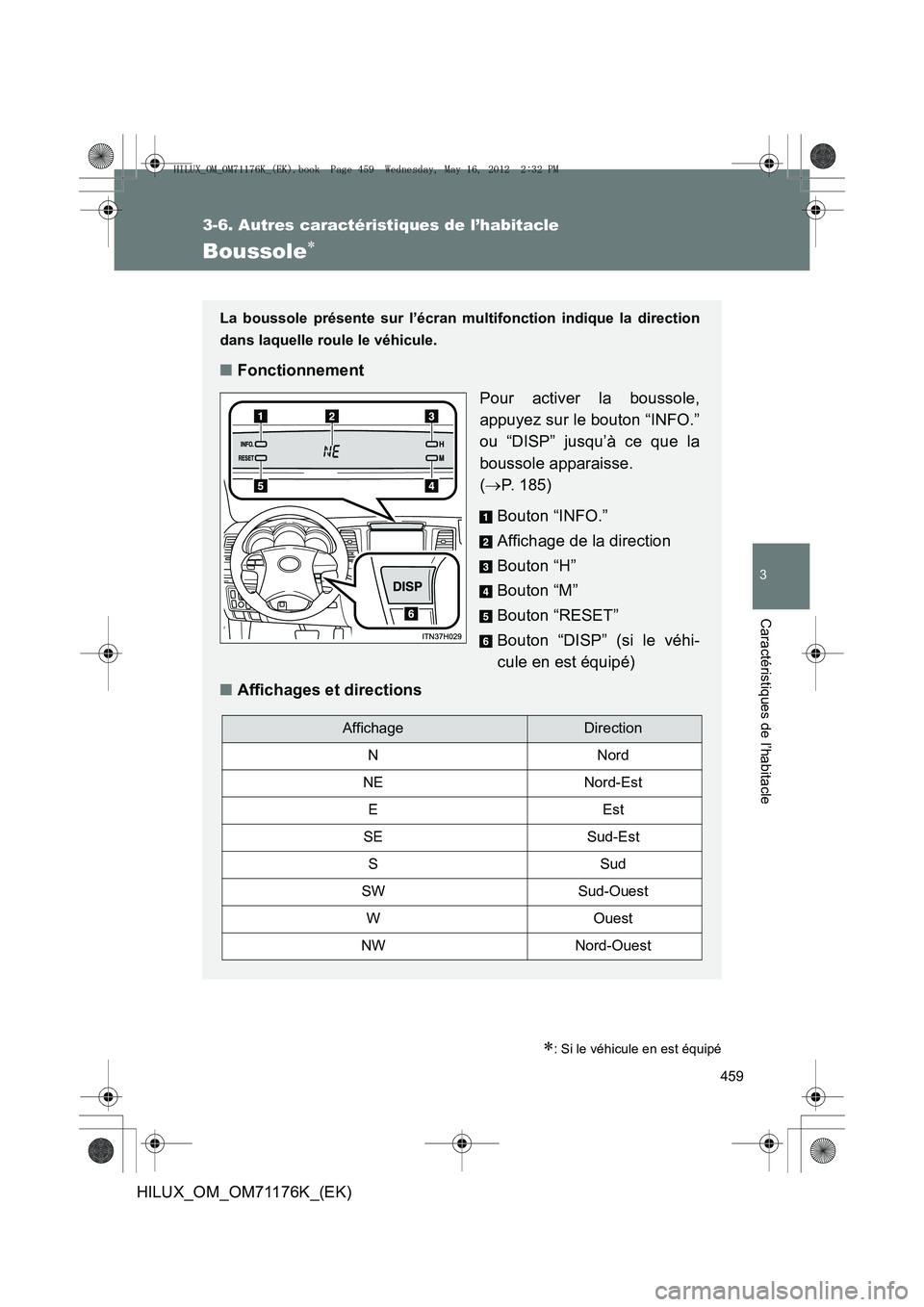 TOYOTA HILUX 2012 Manuel du propriétaire (in French) 459
3-6. Autres caractéristiques de l’habitacle
3
Caractéristiques de l’habitacle
HILUX_OM_OM71176K_(EK)
Boussole∗
∗: Si le véhicule en est équipé
La boussole présente sur l’écran mul TOYOTA HILUX 2012 Manuel du propriétaire (in French) 459
3-6. Autres caractéristiques de l’habitacle
3
Caractéristiques de l’habitacle
HILUX_OM_OM71176K_(EK)
Boussole∗
∗: Si le véhicule en est équipé
La boussole présente sur l’écran mul