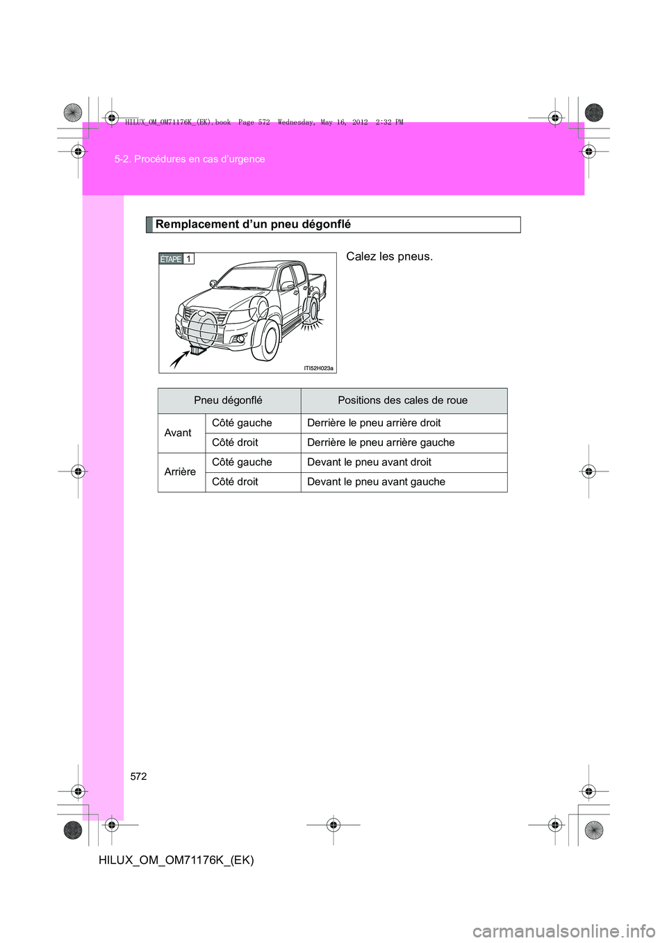 TOYOTA HILUX 2012  Manuel du propriétaire (in French) 572
5-2. Procédures en cas d’urgence
HILUX_OM_OM71176K_(EK)
Remplacement d’un pneu dégonflé
Calez les pneus.
1 ÉTAPE 
Pneu dégonfléPositions des cales de roue
Avant Côté gauche Derrière l