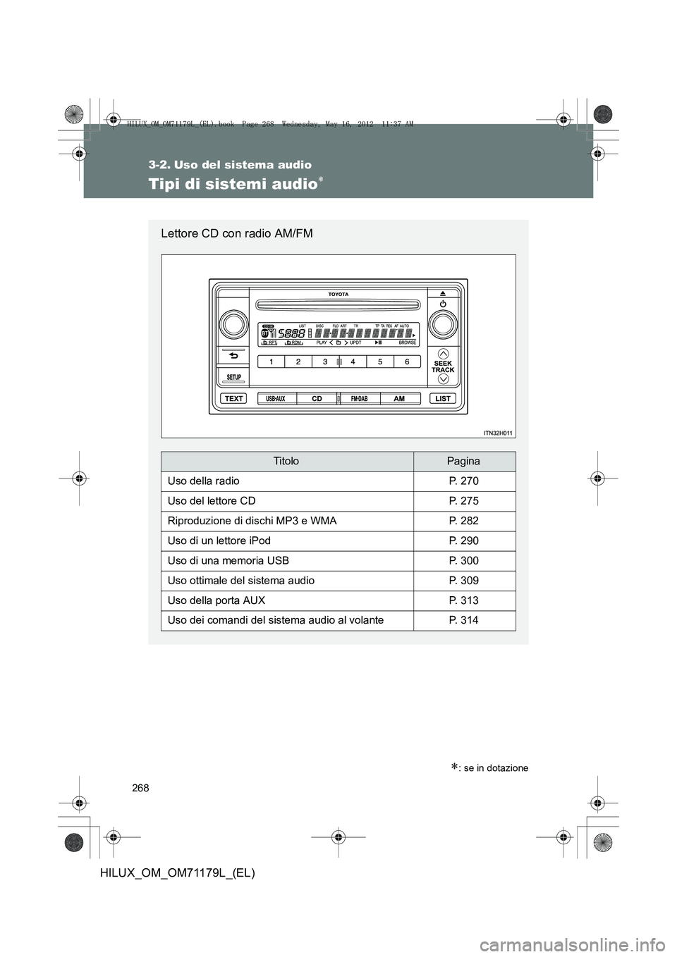 TOYOTA HILUX 2012  Manuale duso (in Italian) 268
HILUX_OM_OM71179L_(EL)
3-2. Uso del sistema audio
Tipi di sistemi audio∗
∗: se in dotazione
Lettore CD con radio AM/FM
TitoloPagina
Uso della radioP. 270
Uso del lettore CDP. 275
Riproduzione 