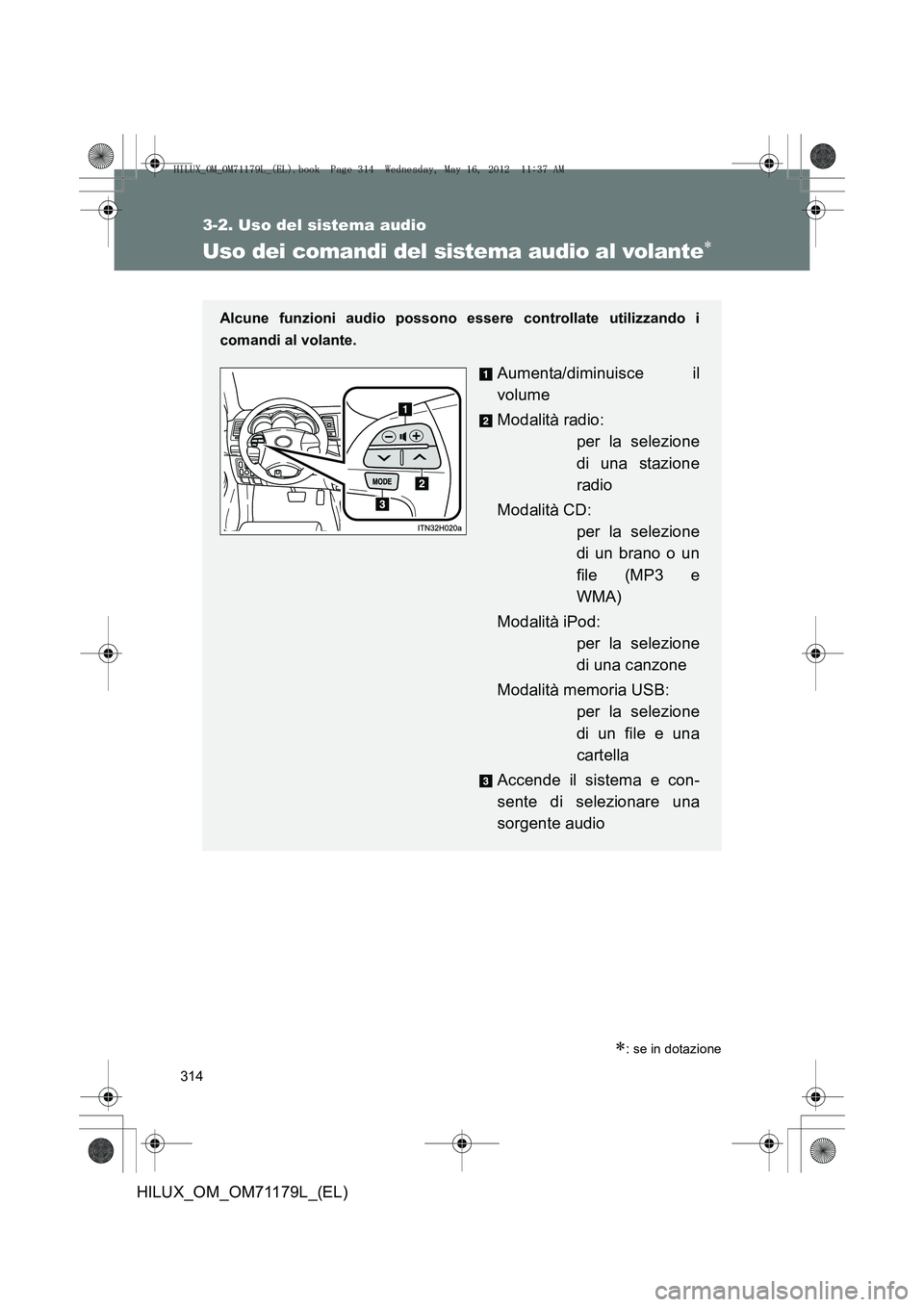 TOYOTA HILUX 2012  Manuale duso (in Italian) 314
3-2. Uso del sistema audio
HILUX_OM_OM71179L_(EL)
Uso dei comandi del sistema audio al volante∗
∗: se in dotazione
Alcune funzioni audio possono essere controllate utilizzando i
comandi al vol