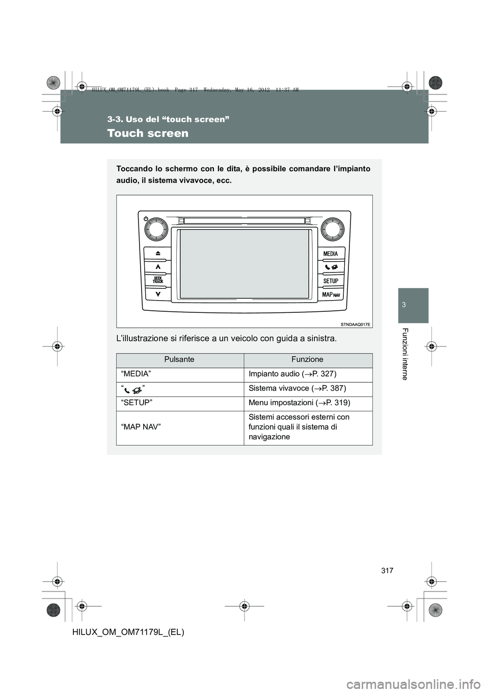 TOYOTA HILUX 2012  Manuale duso (in Italian) 317
3
Funzioni interne
HILUX_OM_OM71179L_(EL)
3-3. Uso del “touch screen”
Touch screen
Toccando lo schermo con le dita, è possibile comandare l’impianto
audio, il sistema vivavoce, ecc.
L’ill