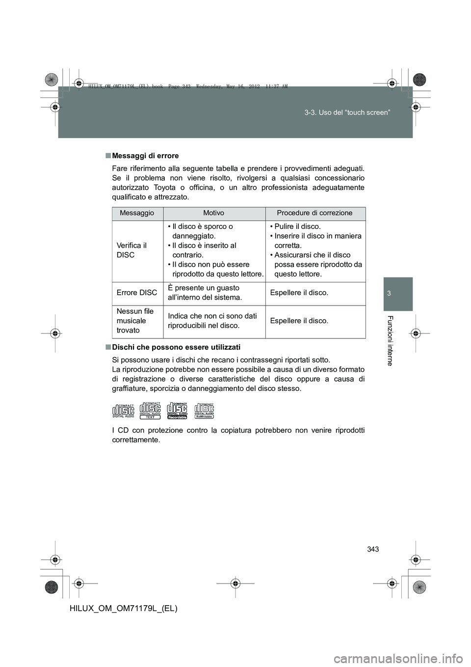 TOYOTA HILUX 2012  Manuale duso (in Italian) 343
3-3. Uso del “touch screen”
3
Funzioni interne
HILUX_OM_OM71179L_(EL)
■
Messaggi di errore
Fare riferimento alla seguente tabella e prendere i provvedimenti adeguati.
Se il problema non vien