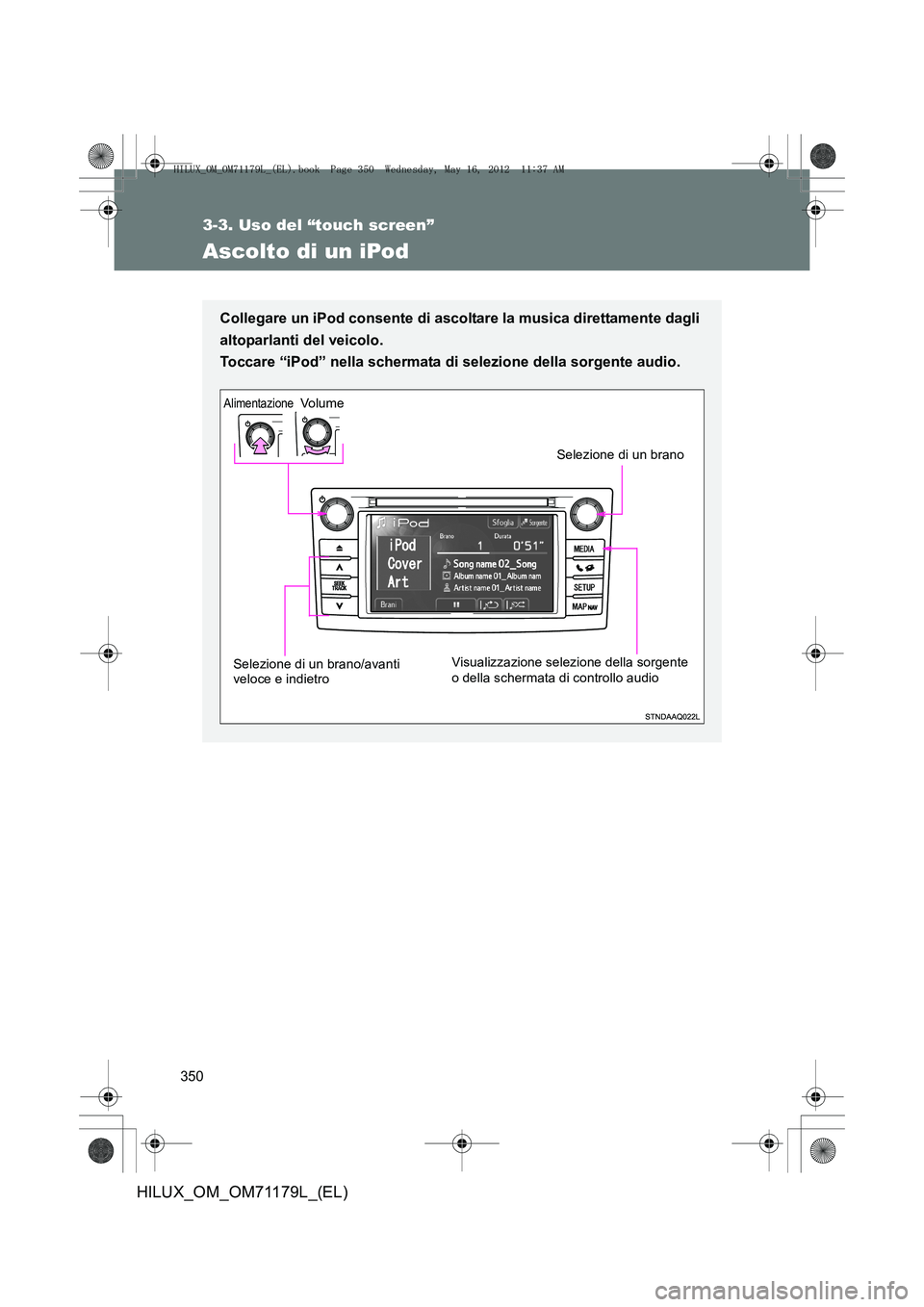 TOYOTA HILUX 2012  Manuale duso (in Italian) 350
3-3. Uso del “touch screen”
HILUX_OM_OM71179L_(EL)
Ascolto di un iPod
Collegare un iPod consente di ascoltare la musica direttamente dagli
altoparlanti del veicolo. 
Toccare “iPod” nella s