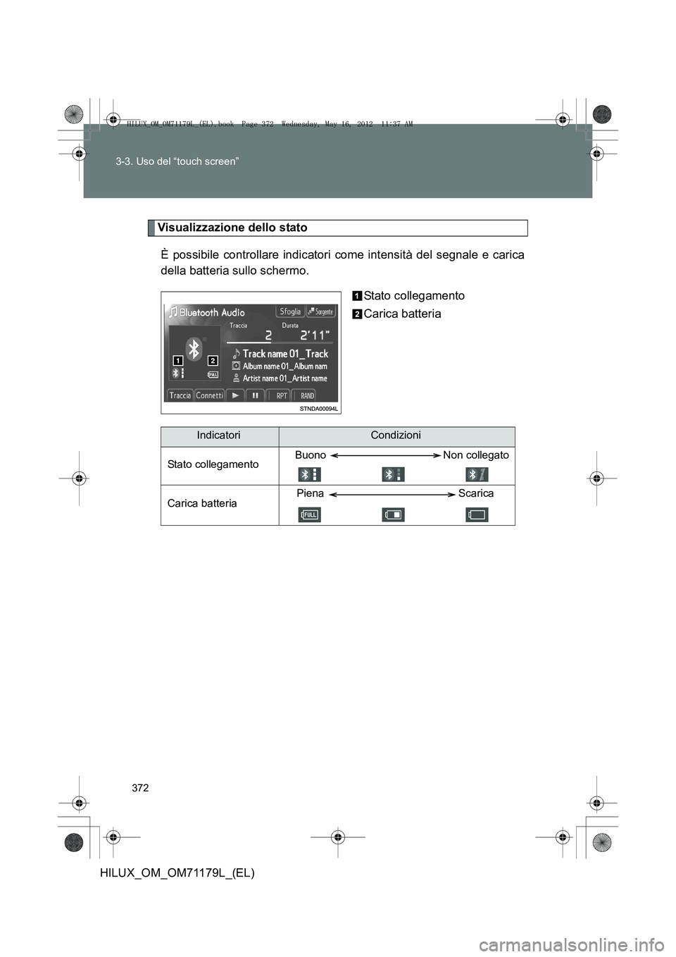TOYOTA HILUX 2012  Manuale duso (in Italian) 372
3-3. Uso del “touch screen”
HILUX_OM_OM71179L_(EL)
Visualizzazione dello stato
È possibile controllare indicatori come intensità del segnale e carica
della batteria sullo schermo. Stato coll