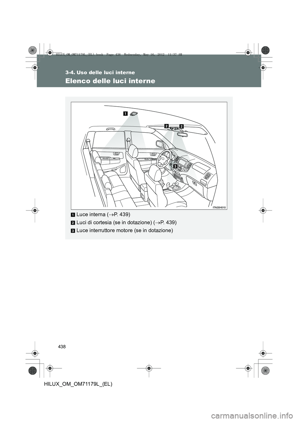 TOYOTA HILUX 2012  Manuale duso (in Italian) 438
HILUX_OM_OM71179L_(EL)
3-4. Uso delle luci interne
Elenco delle luci interne
Luce interna (→P. 439)
Luci di cortesia (se in dotazione) ( →P. 439)
Luce interruttore motore (se in dotazione)
HIL
