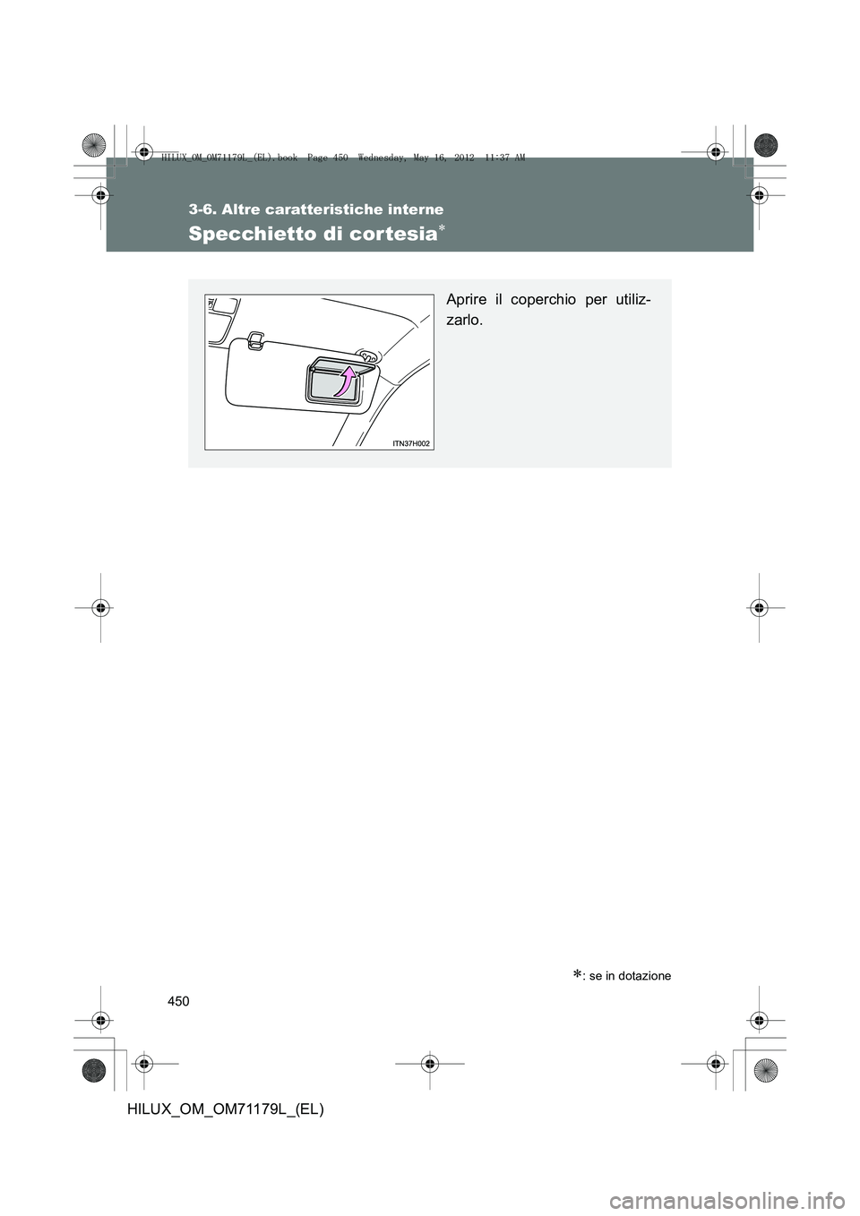 TOYOTA HILUX 2012  Manuale duso (in Italian) 450
3-6. Altre caratteristiche interne
HILUX_OM_OM71179L_(EL)
Specchietto di cortesia∗
∗: se in dotazione
Aprire il coperchio per utiliz-
zarlo.
HILUX_OM_OM71179L_(EL).book  Page 450  Wednesday, M