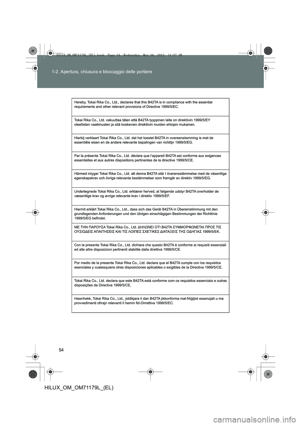 TOYOTA HILUX 2012  Manuale duso (in Italian) 54
1-2. Apertura, chiusura e bloccaggio delle portiere
HILUX_OM_OM71179L_(EL)
HILUX_OM_OM71179L_(EL).book  Page 54  Wednesday, May 16, 2012  
11:37 AM 