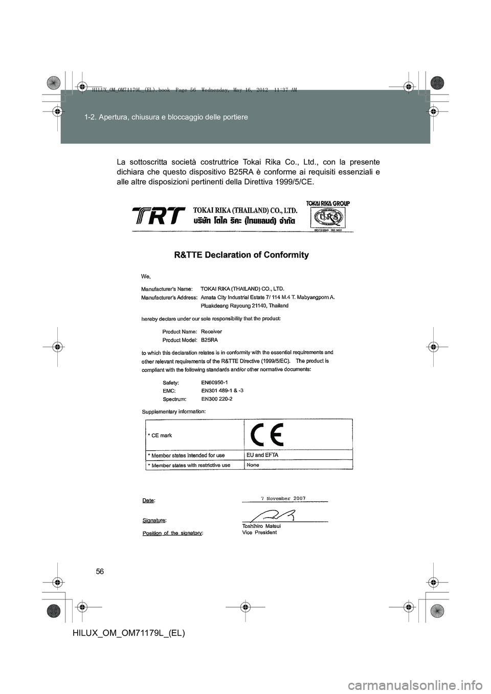 TOYOTA HILUX 2012  Manuale duso (in Italian) 56
1-2. Apertura, chiusura e bloccaggio delle portiere
HILUX_OM_OM71179L_(EL)
La sottoscritta società costruttrice Tokai Rika Co., Ltd., con la presente
dichiara che questo dispositivo B25RA è confo
