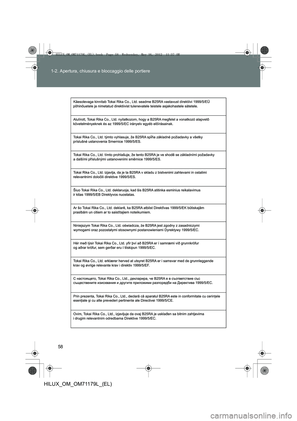 TOYOTA HILUX 2012  Manuale duso (in Italian) 58
1-2. Apertura, chiusura e bloccaggio delle portiere
HILUX_OM_OM71179L_(EL)
HILUX_OM_OM71179L_(EL).book  Page 58  Wednesday, May 16, 2012  
11:37 AM 
