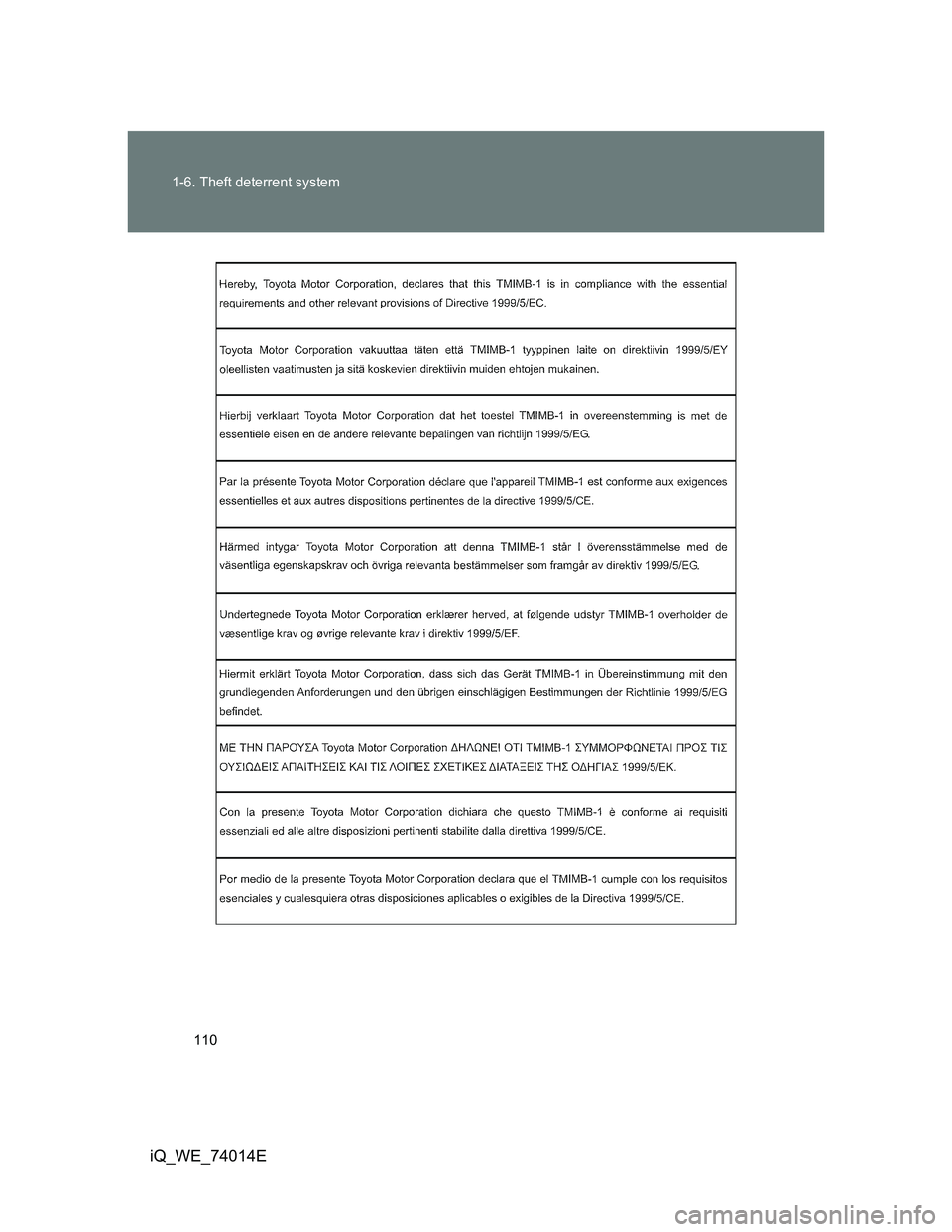 TOYOTA IQ 2012  Owners Manual 110 1-6. Theft deterrent system
iQ_WE_74014E 