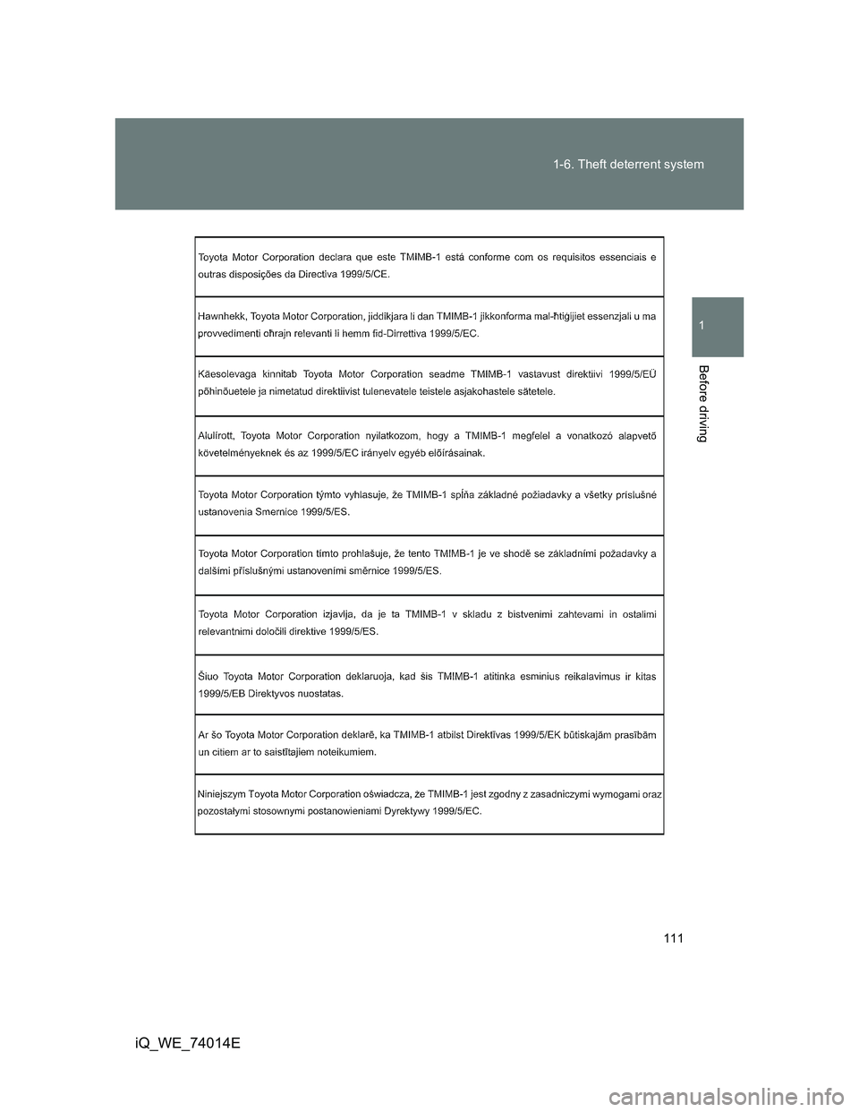 TOYOTA IQ 2012  Owners Manual 111 1-6. Theft deterrent system
1
Before driving
iQ_WE_74014E 