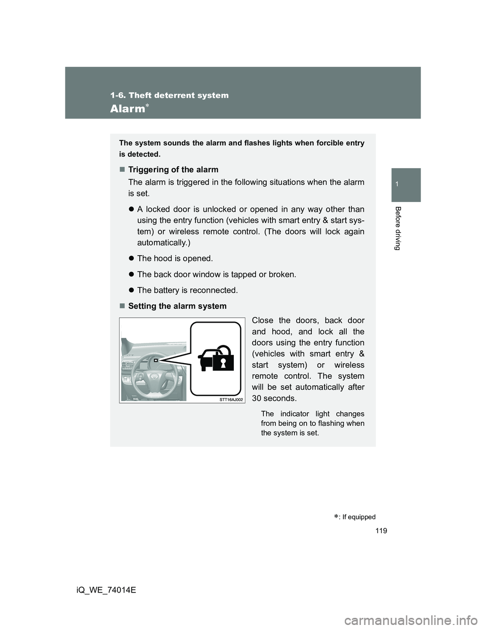 TOYOTA IQ 2012  Owners Manual 119
1
1-6. Theft deterrent system
Before driving
iQ_WE_74014E
Alarm
: If equipped
The system sounds the alarm and flashes lights when forcible entry
is detected.
Triggering of the alarm
The a