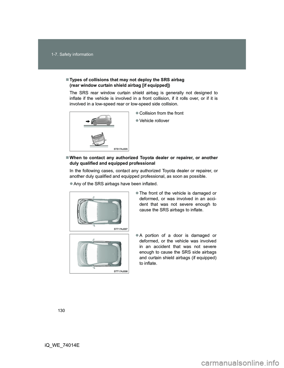 TOYOTA IQ 2012  Owners Manual 130 1-7. Safety information
iQ_WE_74014E
Types of collisions that may not deploy the SRS airbag 
(rear window curtain shield airbag [if equipped])
The SRS rear window curtain shield airbag is gener