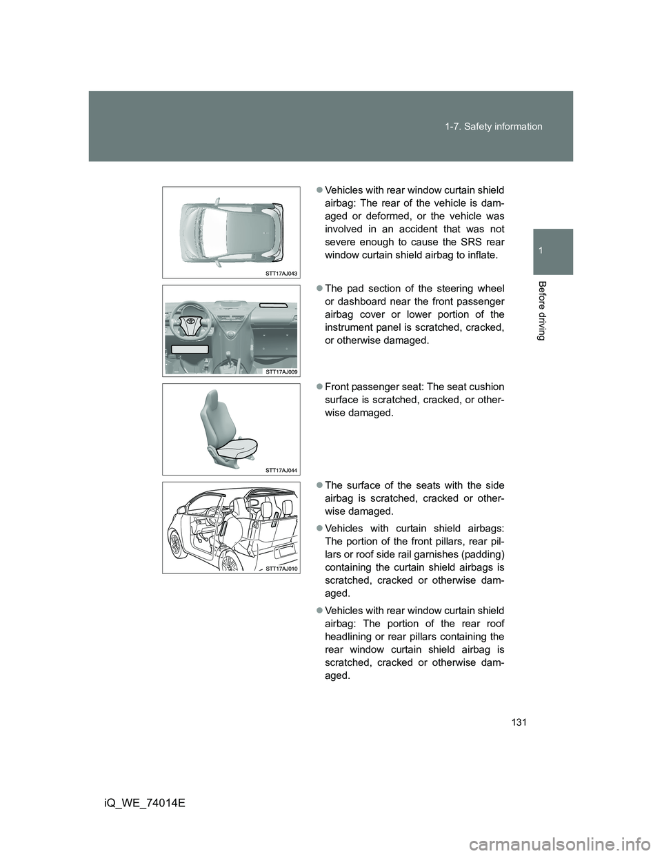 TOYOTA IQ 2012 Owners Manual 131 1-7. Safety information
1
Before driving
iQ_WE_74014E
Vehicles with rear window curtain shield
airbag: The rear of the vehicle is dam-
aged or deformed, or the vehicle was
involved in an accide TOYOTA IQ 2012 Owners Manual 131 1-7. Safety information
1
Before driving
iQ_WE_74014E
Vehicles with rear window curtain shield
airbag: The rear of the vehicle is dam-
aged or deformed, or the vehicle was
involved in an accide