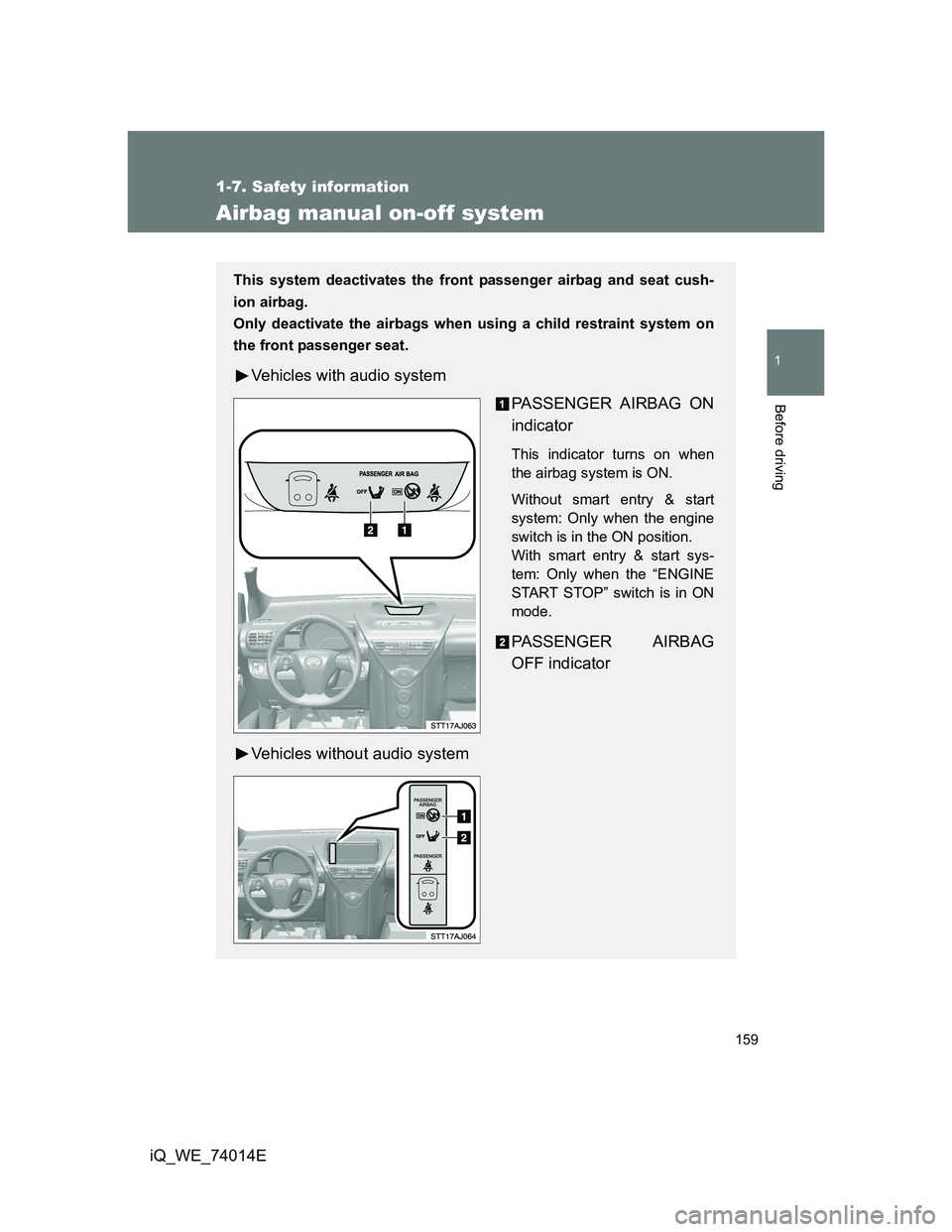 TOYOTA IQ 2012 Owners Manual 159
1
1-7. Safety information
Before driving
iQ_WE_74014E
Airbag manual on-off system
This system deactivates the front passenger airbag and seat cush-
ion airbag.
Only deactivate the airbags when usi TOYOTA IQ 2012 Owners Manual 159
1
1-7. Safety information
Before driving
iQ_WE_74014E
Airbag manual on-off system
This system deactivates the front passenger airbag and seat cush-
ion airbag.
Only deactivate the airbags when usi