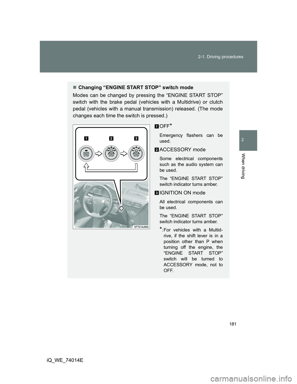 TOYOTA IQ 2012 Owners Manual 181 2-1. Driving procedures
2
When driving
iQ_WE_74014E
Changing “ENGINE START STOP” switch mode
Modes can be changed by pressing the “ENGINE START STOP”
switch with the brake pedal (vehicl TOYOTA IQ 2012 Owners Manual 181 2-1. Driving procedures
2
When driving
iQ_WE_74014E
Changing “ENGINE START STOP” switch mode
Modes can be changed by pressing the “ENGINE START STOP”
switch with the brake pedal (vehicl
