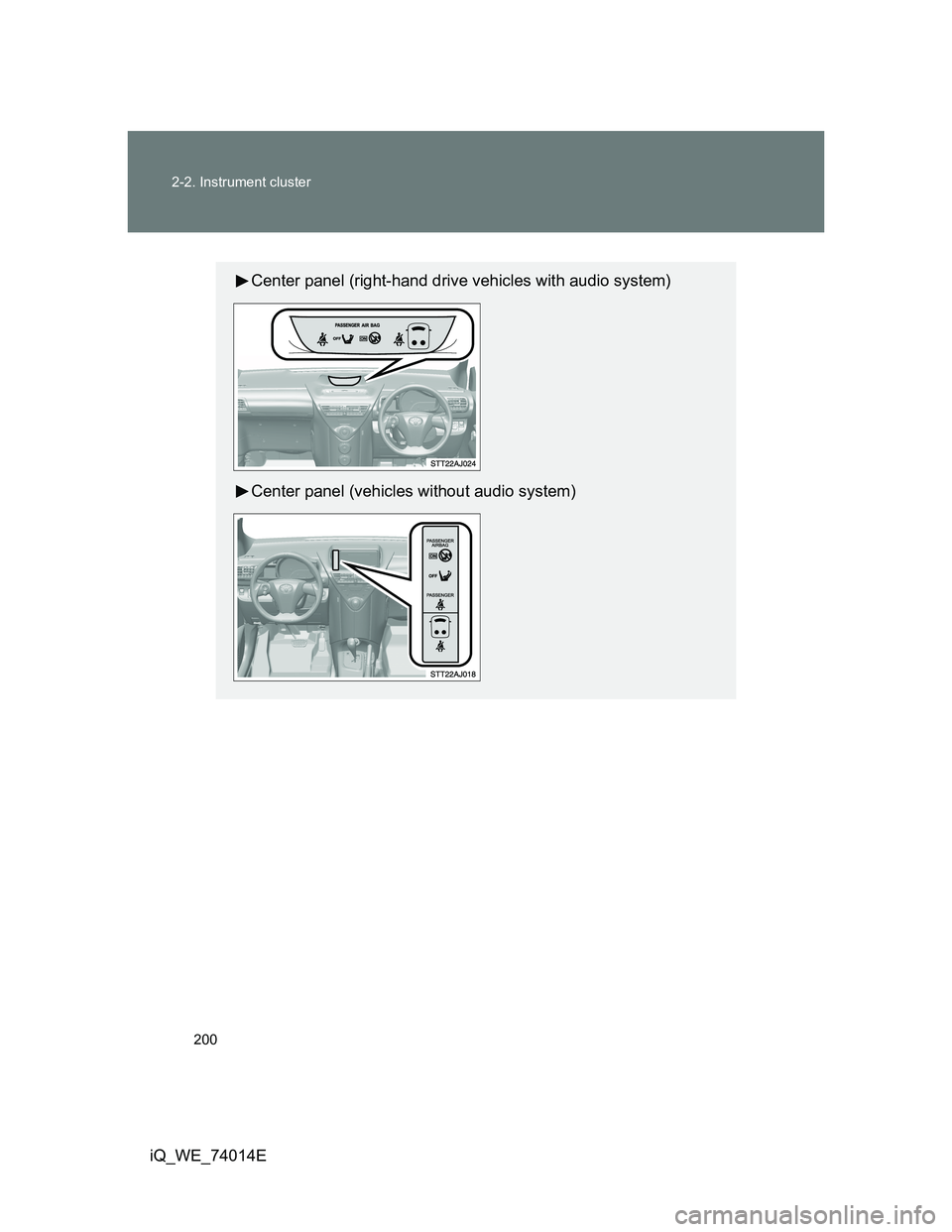 TOYOTA IQ 2012  Owners Manual 200 2-2. Instrument cluster
iQ_WE_74014E
Center panel (right-hand drive vehicles with audio system)
Center panel (vehicles without audio system) 