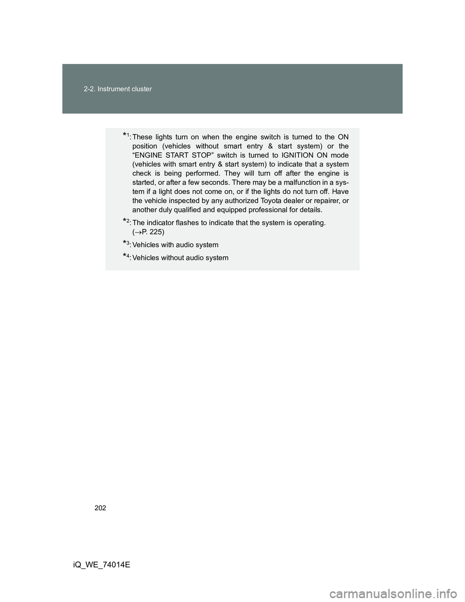 TOYOTA IQ 2012 Owners Manual 202 2-2. Instrument cluster
iQ_WE_74014E
*1: These lights turn on when the engine switch is turned to the ON
position (vehicles without smart entry & start system) or the
“ENGINE START STOP” switc TOYOTA IQ 2012 Owners Manual 202 2-2. Instrument cluster
iQ_WE_74014E
*1: These lights turn on when the engine switch is turned to the ON
position (vehicles without smart entry & start system) or the
“ENGINE START STOP” switc