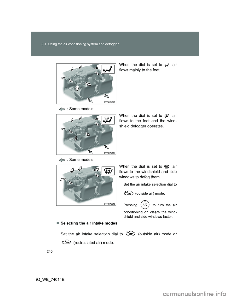 TOYOTA IQ 2012  Owners Manual 240 3-1. Using the air conditioning system and defogger
iQ_WE_74014EWhen the dial is set to  , air
flows mainly to the feet.
: Some models
When the dial is set to  , air
flows to the feet and the wind