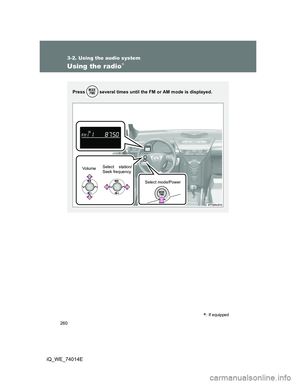 TOYOTA IQ 2012  Owners Manual 260
3-2. Using the audio system
iQ_WE_74014E
Using the radio
: If equipped
Press   several times until the FM or AM mode is displayed.
Vo l u m eSelect station/
Seek frequency
Select mode/Power 