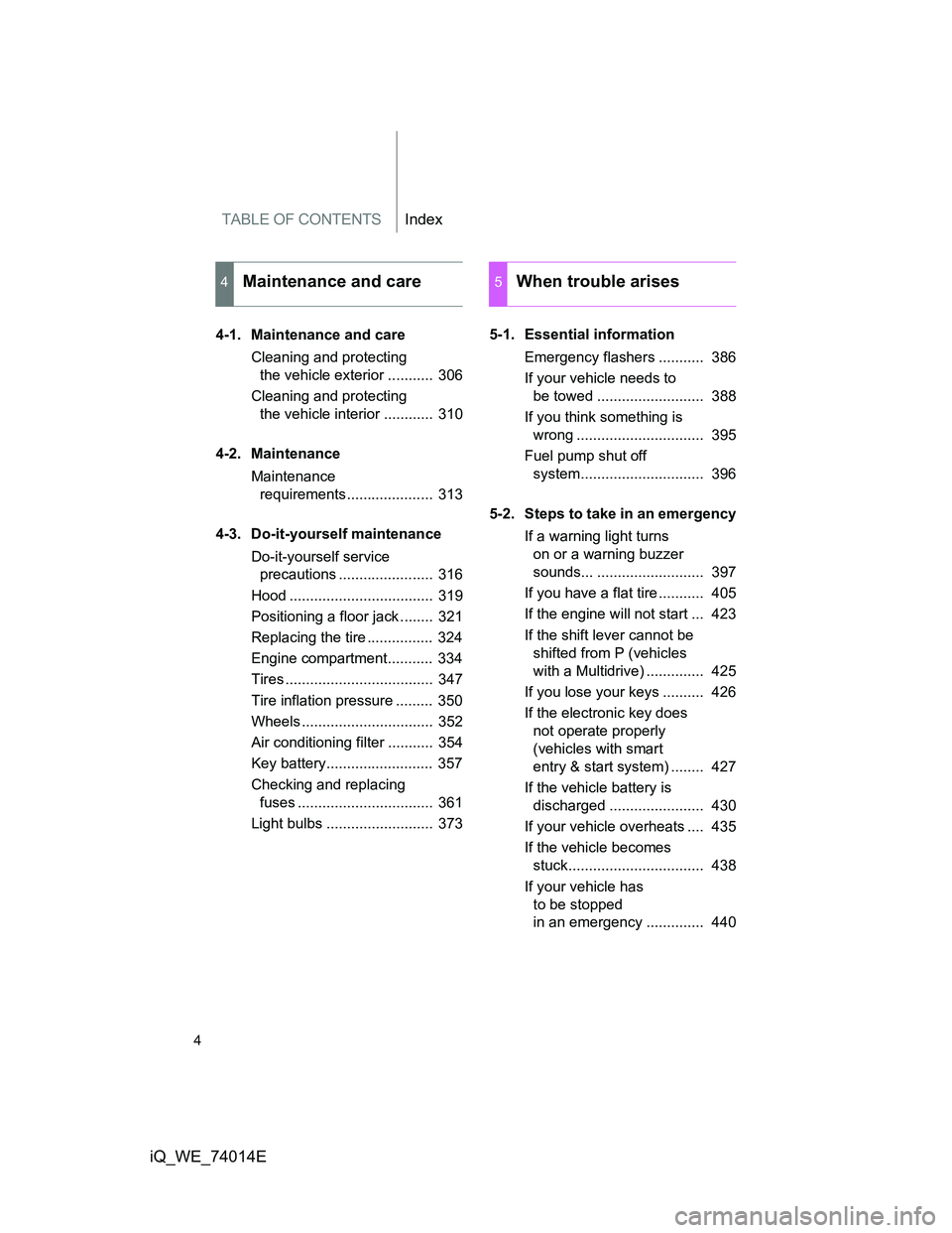 TOYOTA IQ 2012 Owners Manual TABLE OF CONTENTSIndex
4
iQ_WE_74014E
4-1. Maintenance and care
Cleaning and protecting
the vehicle exterior ........... 306
Cleaning and protecting
the vehicle interior ............ 310
4-2. Main TOYOTA IQ 2012 Owners Manual TABLE OF CONTENTSIndex
4
iQ_WE_74014E
4-1. Maintenance and care
Cleaning and protecting
the vehicle exterior ........... 306
Cleaning and protecting
the vehicle interior ............ 310
4-2. Main