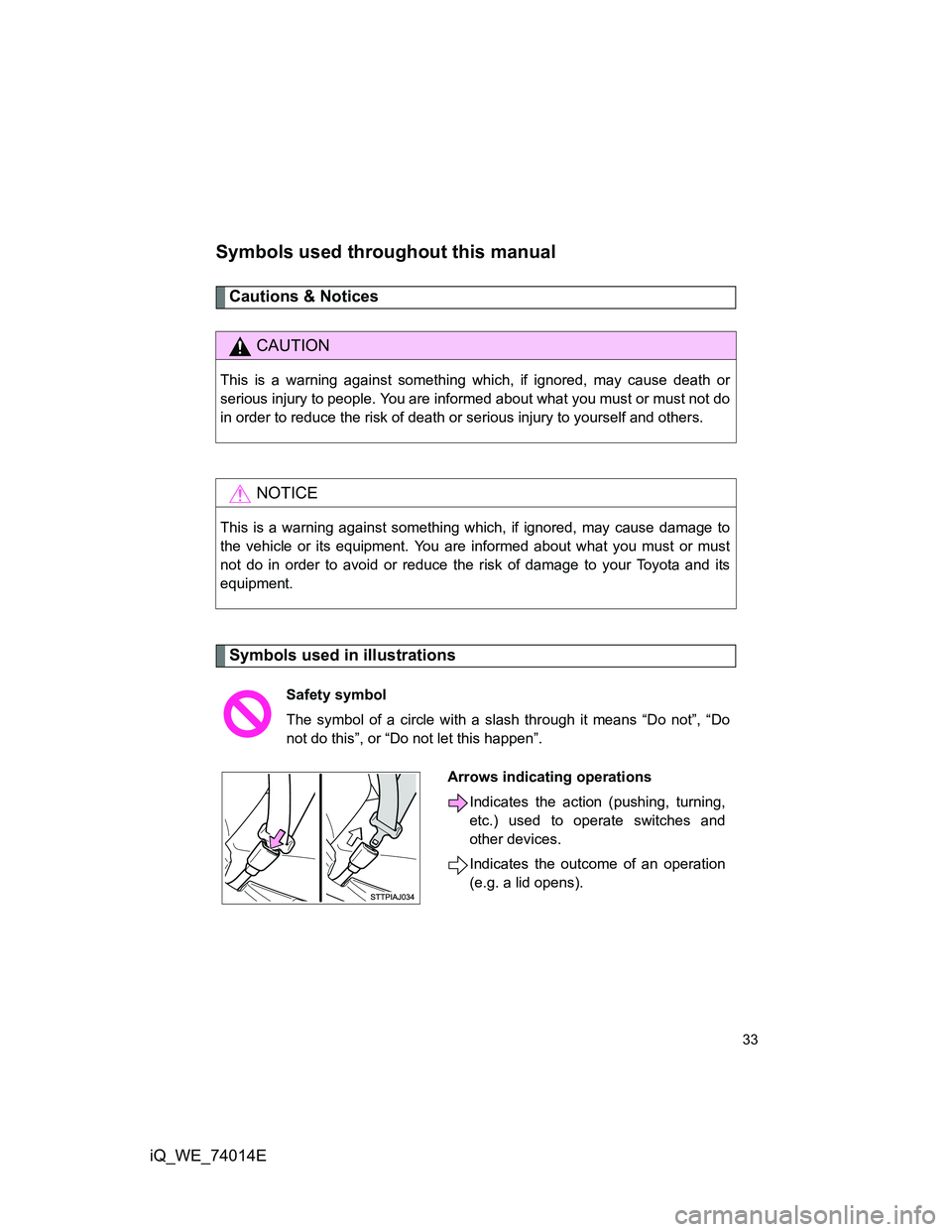 TOYOTA IQ 2012 Owners Guide 33
iQ_WE_74014E
Symbols used throughout this manual
Cautions & Notices 
Symbols used in illustrations
CAUTION
This is a warning against something which, if ignored, may cause death or
serious injury t