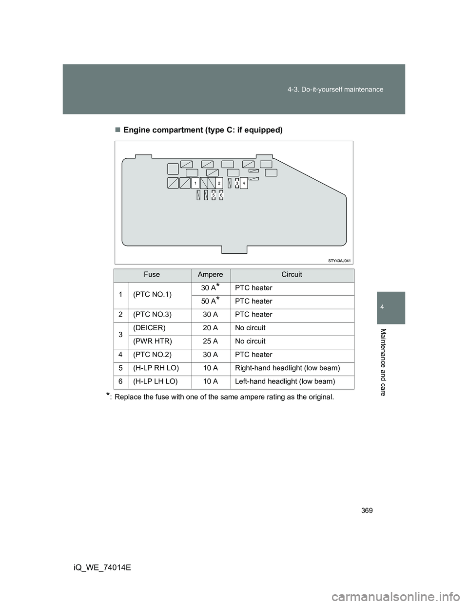 TOYOTA IQ 2012  Owners Manual 369 4-3. Do-it-yourself maintenance
4
Maintenance and care
iQ_WE_74014EEngine compartment (type C: if equipped)
*: Replace the fuse with one of the same ampere rating as the original.
FuseAmpereCir