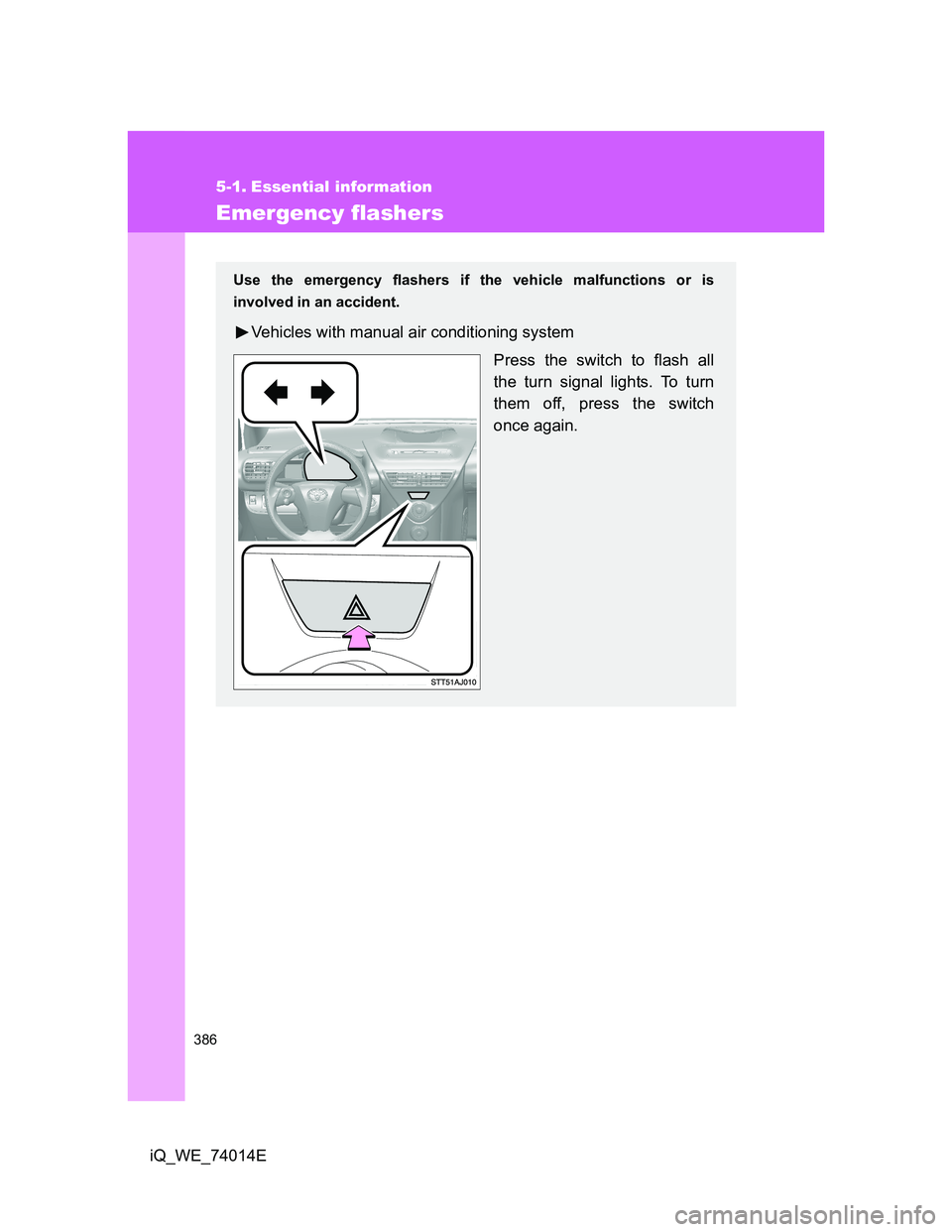 TOYOTA IQ 2012  Owners Manual 386
iQ_WE_74014E
5-1. Essential information
Emergency flashers
Use the emergency flashers if the vehicle malfunctions or is
involved in an accident.
Vehicles with manual air conditioning system
Press 
