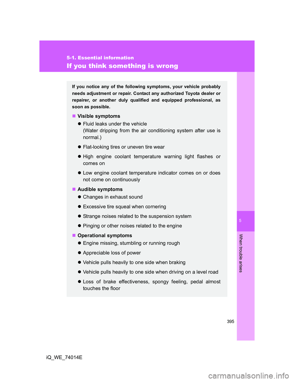 TOYOTA IQ 2012 Owners Manual 5
395
5-1. Essential information
When trouble arises
iQ_WE_74014E
If you think something is wrong
If you notice any of the following symptoms, your vehicle probably
needs adjustment or repair. Contact TOYOTA IQ 2012 Owners Manual 5
395
5-1. Essential information
When trouble arises
iQ_WE_74014E
If you think something is wrong
If you notice any of the following symptoms, your vehicle probably
needs adjustment or repair. Contact