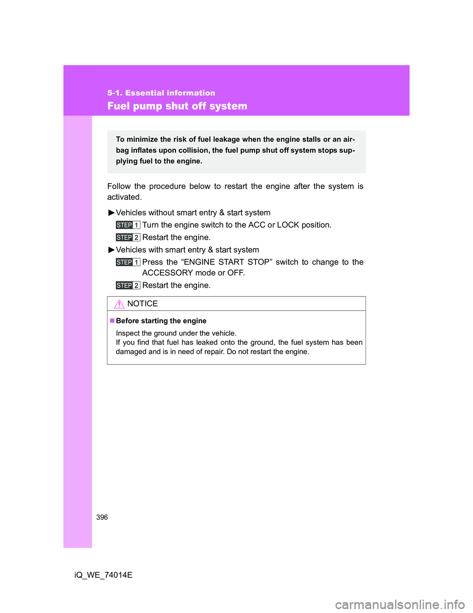 TOYOTA IQ 2012 Owners Manual 396
5-1. Essential information
iQ_WE_74014E
Fuel pump shut off system
Follow the procedure below to restart the engine after the system is
activated.
Vehicles without smart entry & start system
Turn t TOYOTA IQ 2012 Owners Manual 396
5-1. Essential information
iQ_WE_74014E
Fuel pump shut off system
Follow the procedure below to restart the engine after the system is
activated.
Vehicles without smart entry & start system
Turn t