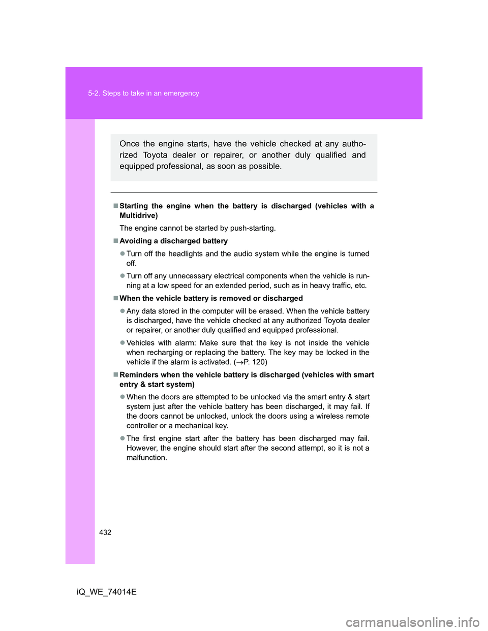 TOYOTA IQ 2012  Owners Manual 432 5-2. Steps to take in an emergency
iQ_WE_74014E
Starting the engine when the battery is discharged (vehicles with a
Multidrive)
The engine cannot be started by push-starting.
Avoiding a disc