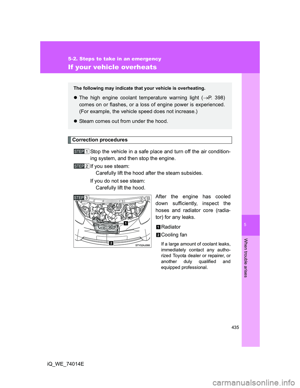 TOYOTA IQ 2012  Owners Manual 5
435
5-2. Steps to take in an emergency
When trouble arises
iQ_WE_74014E
If your vehicle overheats
Correction procedures
Stop the vehicle in a safe place and turn off the air condition-
ing system, a