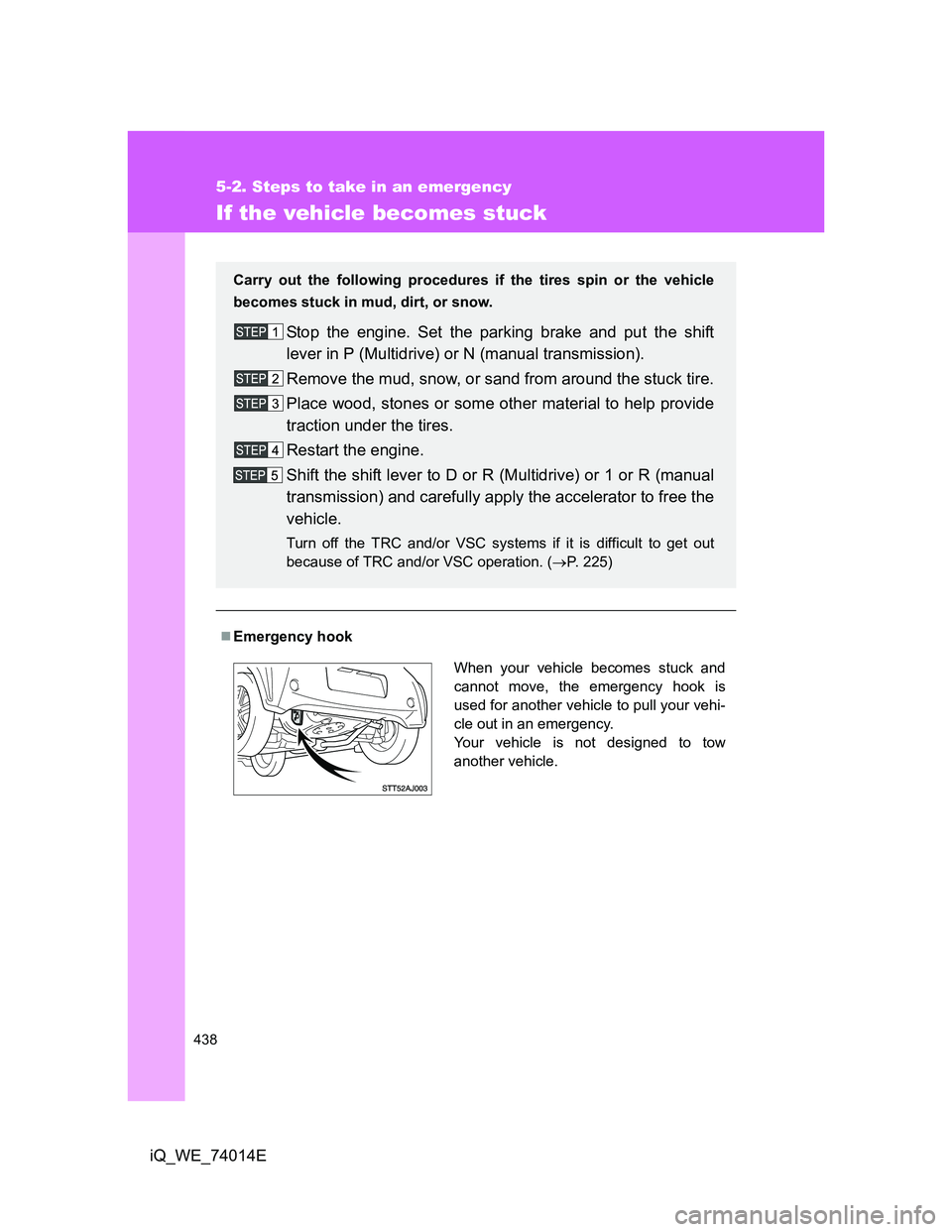 TOYOTA IQ 2012  Owners Manual 438
5-2. Steps to take in an emergency
iQ_WE_74014E
If the vehicle becomes stuck
Emergency hook
Carry out the following procedures if the tires spin or the vehicle
becomes stuck in mud, dirt, or sn
