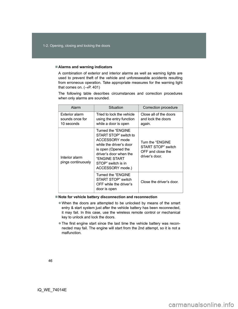 TOYOTA IQ 2012 Service Manual 46 1-2. Opening, closing and locking the doors
iQ_WE_74014E
Alarms and warning indicators
A combination of exterior and interior alarms as well as warning lights are
used to prevent theft of the ve TOYOTA IQ 2012 Service Manual 46 1-2. Opening, closing and locking the doors
iQ_WE_74014E
Alarms and warning indicators
A combination of exterior and interior alarms as well as warning lights are
used to prevent theft of the ve