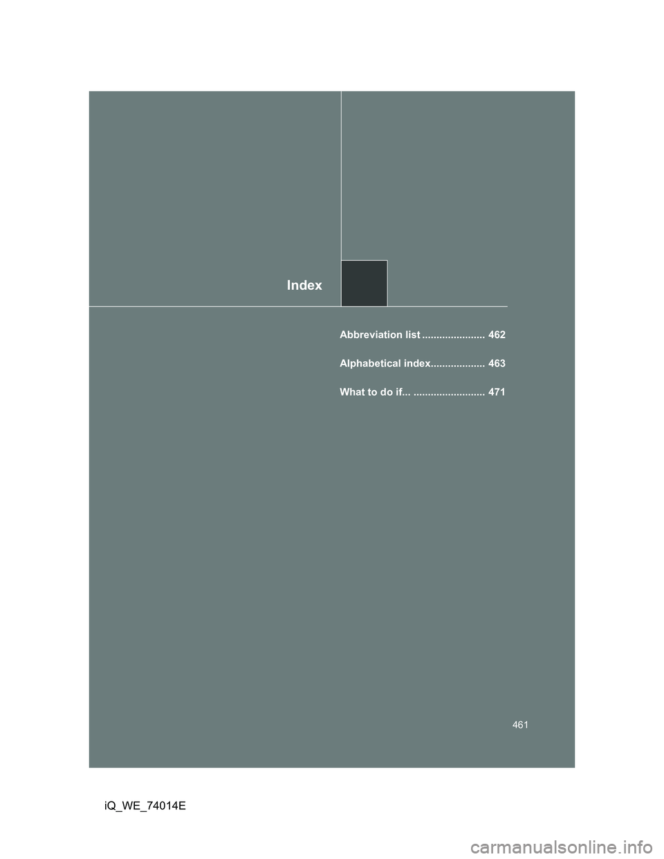 TOYOTA IQ 2012  Owners Manual Index
461
iQ_WE_74014E
Abbreviation list ......................  462
Alphabetical index...................  463
What to do if... .........................  471 