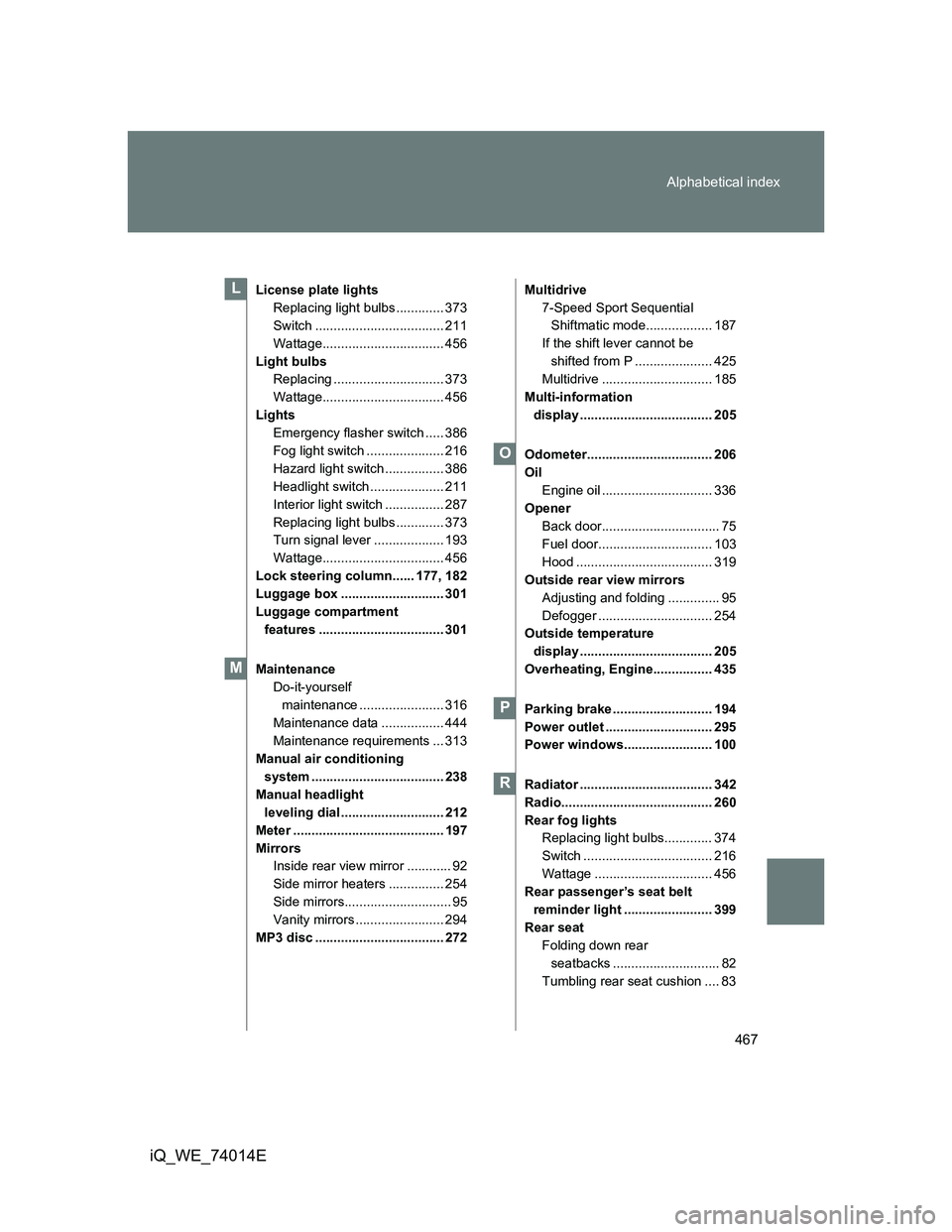 TOYOTA IQ 2012  Owners Manual 467 Alphabetical index
iQ_WE_74014E
License plate lights
Replacing light bulbs ............. 373
Switch ................................... 211
Wattage................................. 456
Light bulbs
