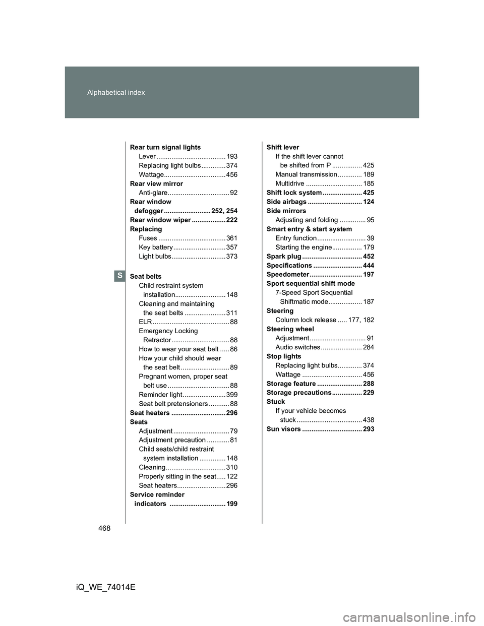 TOYOTA IQ 2012  Owners Manual 468 Alphabetical index
iQ_WE_74014E
Rear turn signal lights
Lever ..................................... 193
Replacing light bulbs ............. 374
Wattage................................. 456
Rear vi