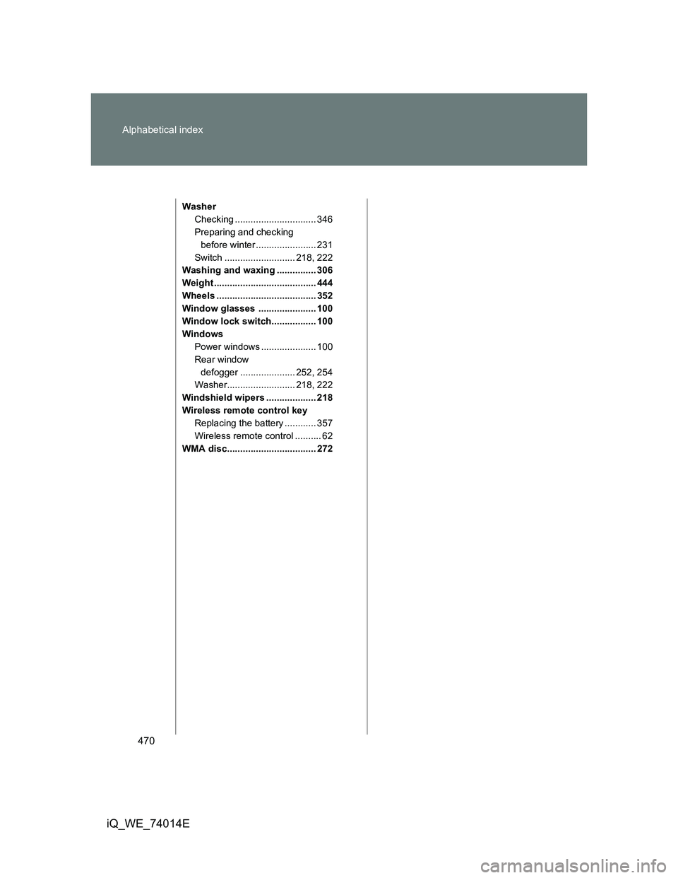 TOYOTA IQ 2012  Owners Manual 470 Alphabetical index
iQ_WE_74014E
Washer
Checking ............................... 346
Preparing and checking 
before winter ....................... 231
Switch ........................... 218, 222
Wa