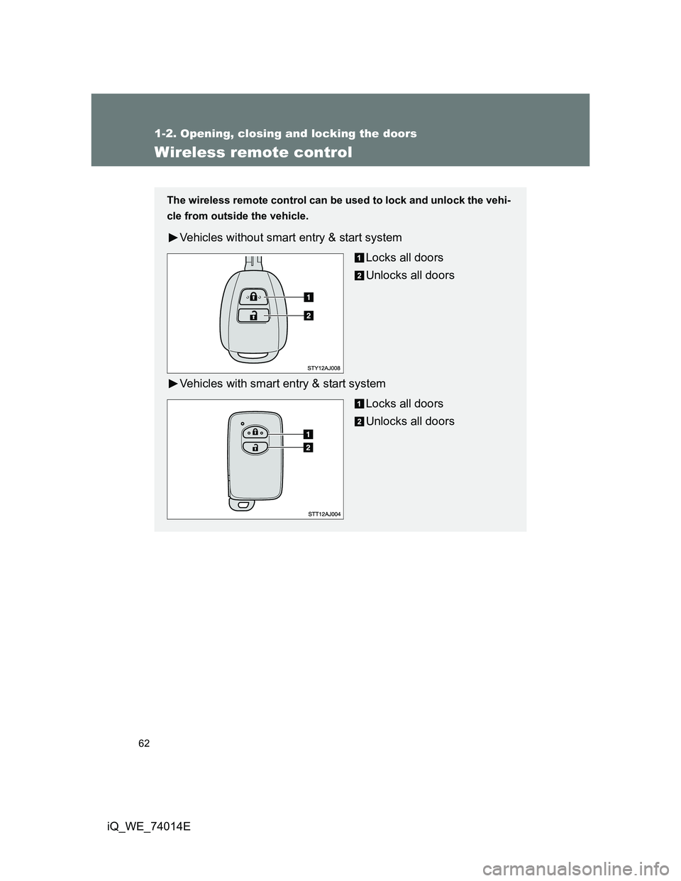 TOYOTA IQ 2012 Repair Manual 62
1-2. Opening, closing and locking the doors
iQ_WE_74014E
Wireless remote control
The wireless remote control can be used to lock and unlock the vehi-
cle from outside the vehicle.
Vehicles without 